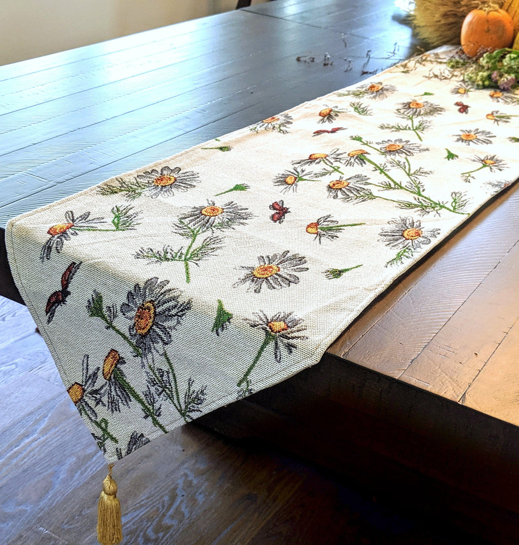 Tache Floral Yellow Daisies Ladybugs Ivory Woven Tapestry Table Runner (18114)