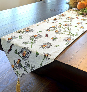 Tache Floral Yellow Daisies Ladybugs Ivory Woven Tapestry Table Runner (18114)