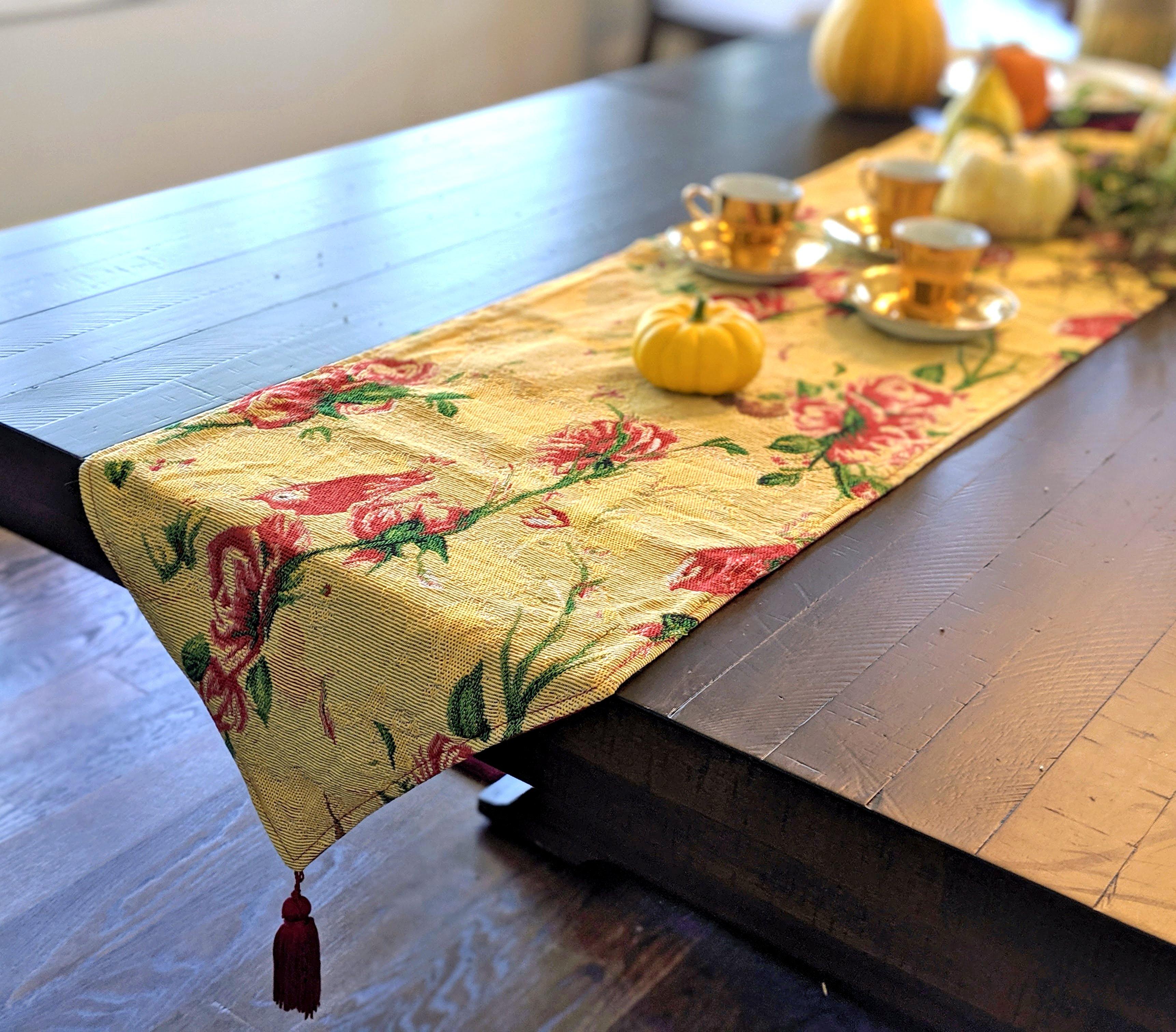 Tache Floral Red Roses Hummingbirds Golden Woven Tapestry Table Runner (18115)