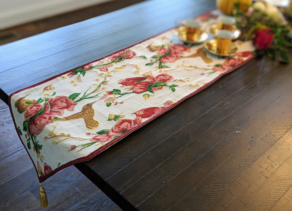 Tache Floral Red Roses Hummingbirds Ivory Woven Tapestry Table Runner (18109)