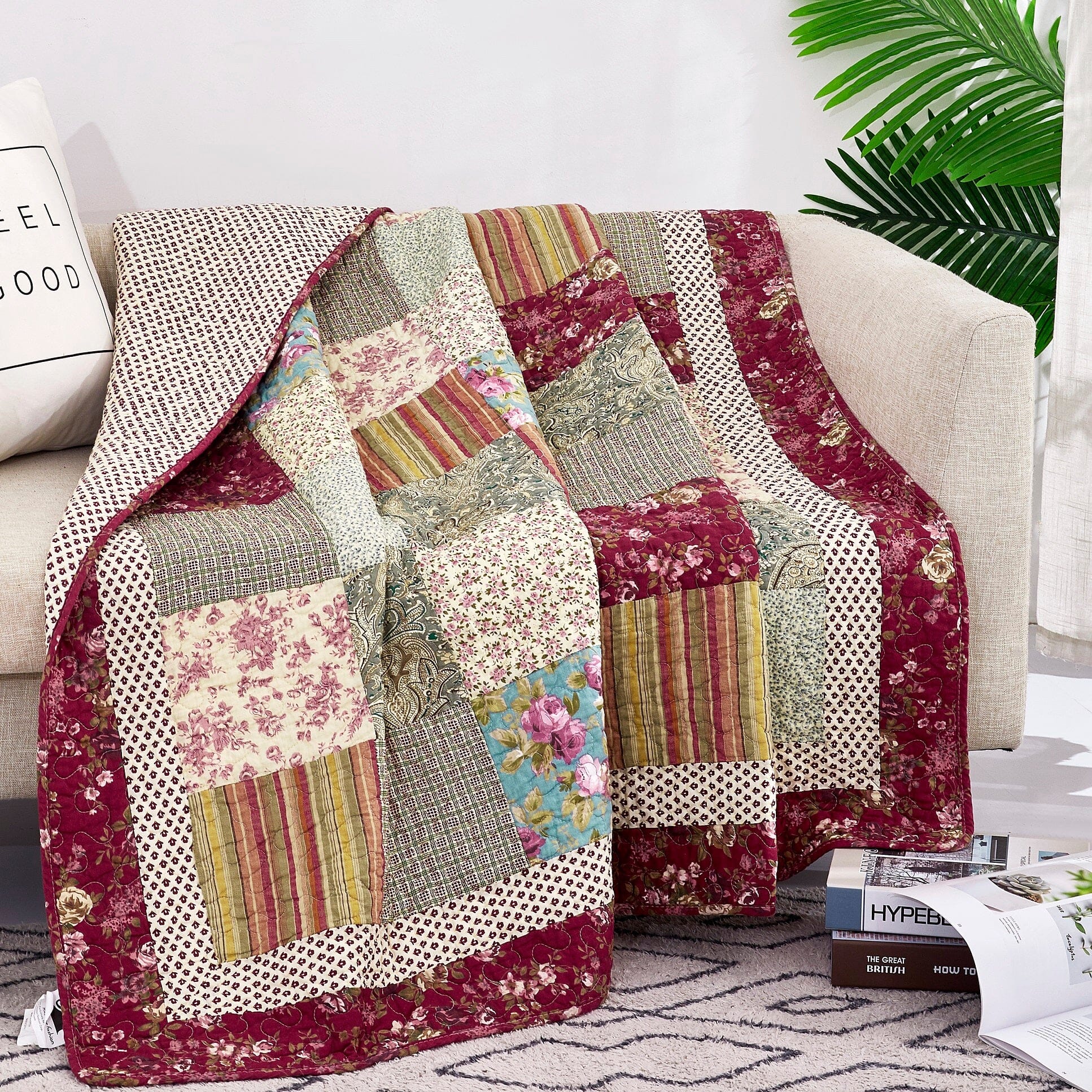 Tache Fairy Tale Tea Party Beige Burgundy Paisley Floral Cotton Patchwork Quilted Throw Blanket (DXJ103443)