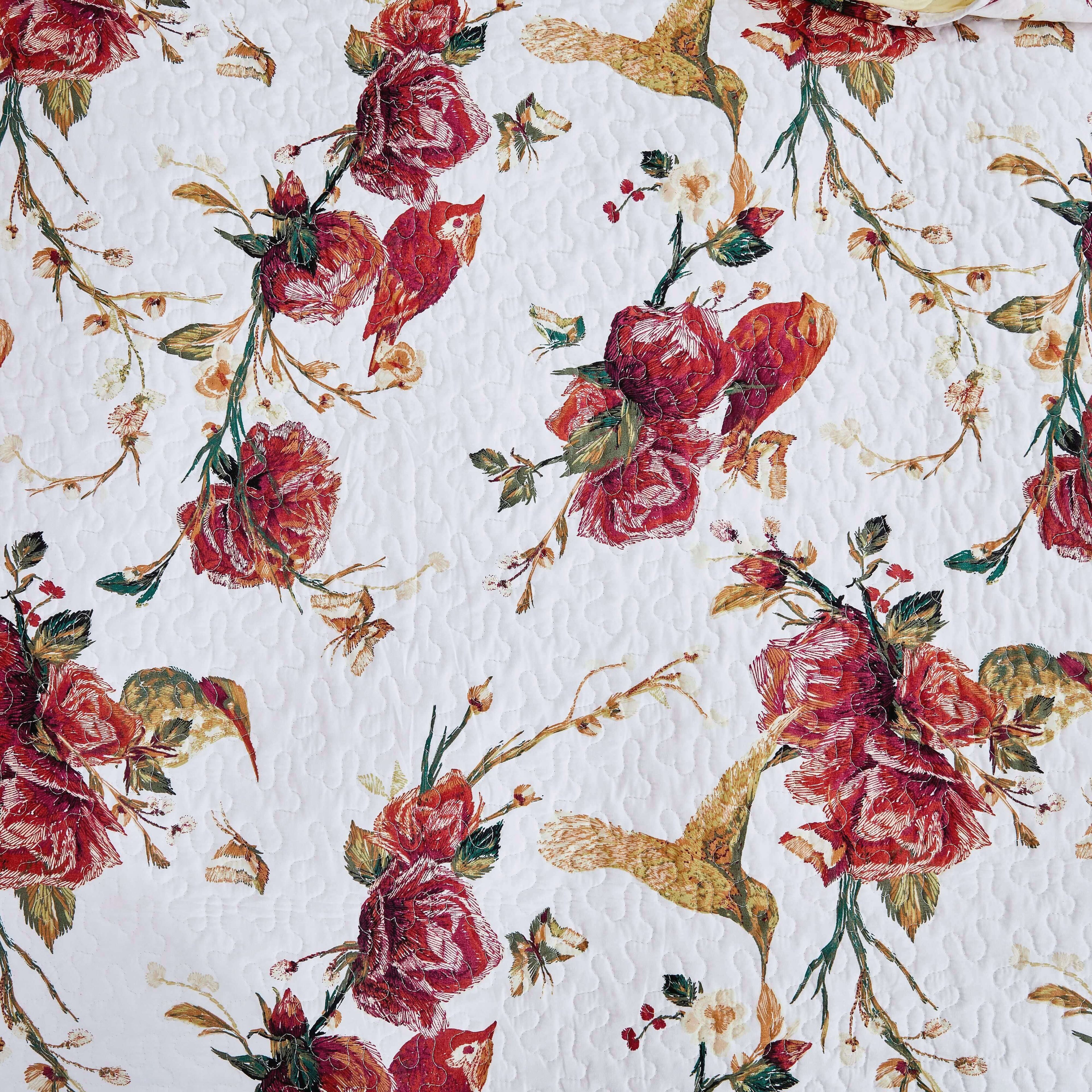 Tache Vintage Rose Garden Hummingbirds Burgundy White Reversible Floral Quilt Set (SD-7676)