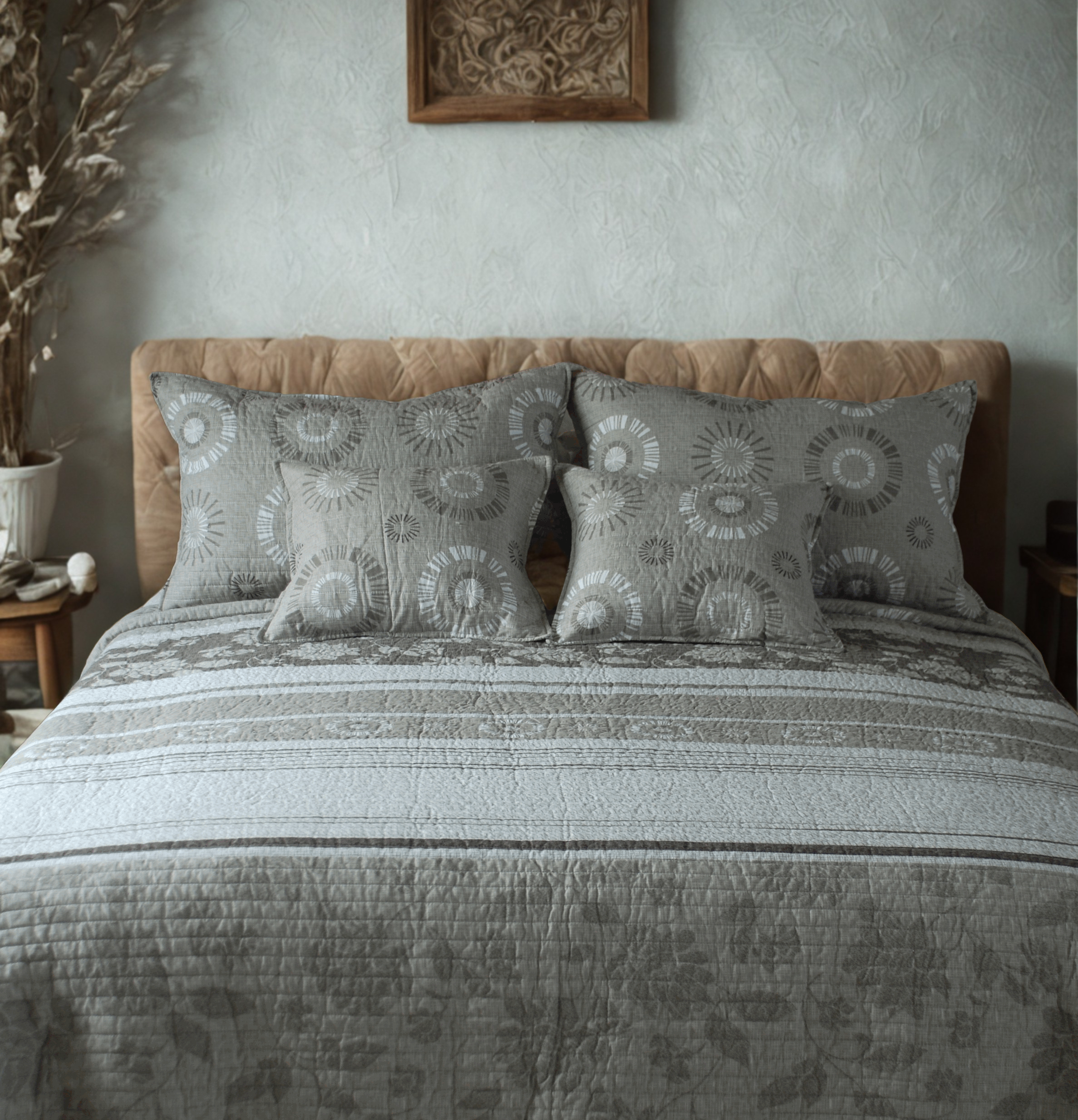 Tache Cotton Taupe Beige Striped Floral Geometric Starburst Quilt Set (DXJ107076)