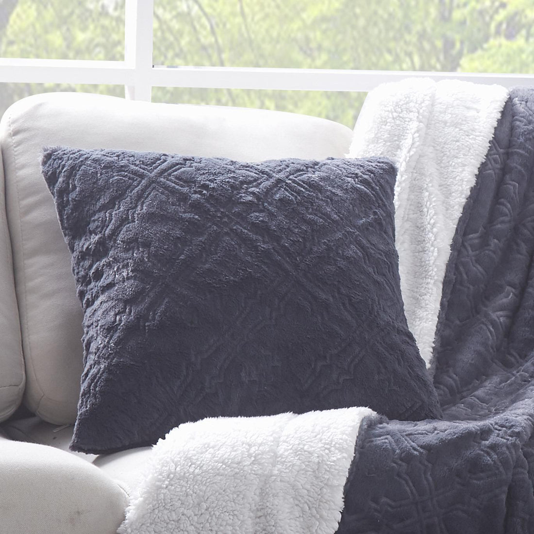 Taterbush Faux Fur Steel Navy Blue Diamond Trellis Pattern Cushion Cover / Euro Sham (3390)