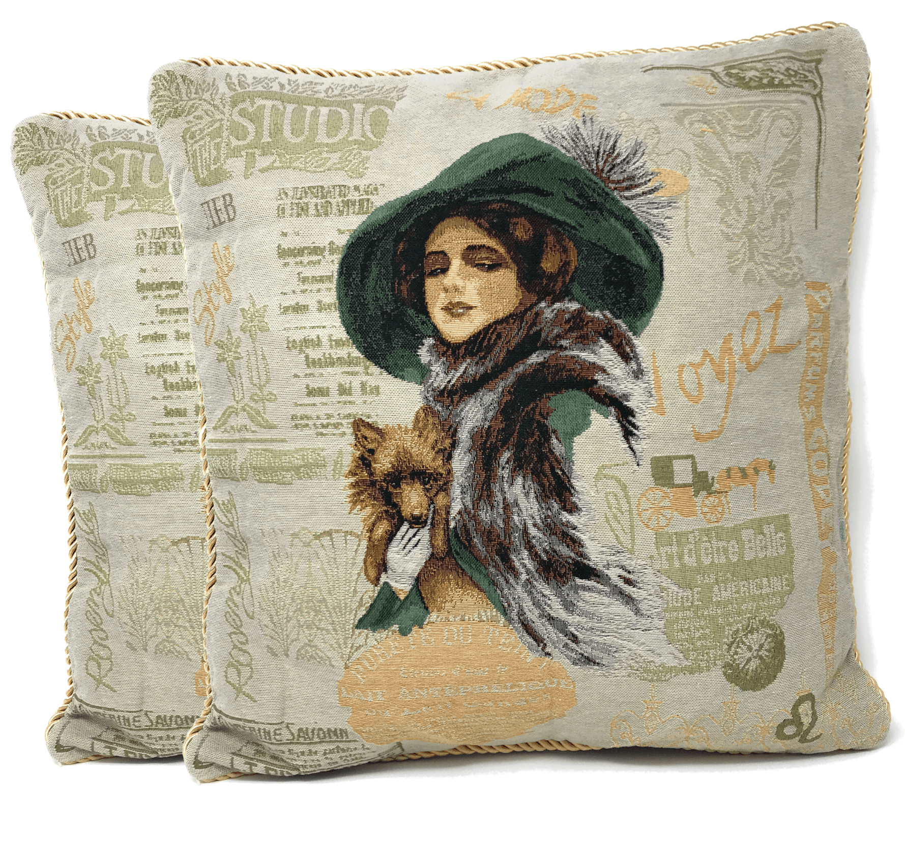 Tache Puppy Day Out French European Postcard Emerald Green Beige Tapestry Throw Pillow Cover (CC-1354)