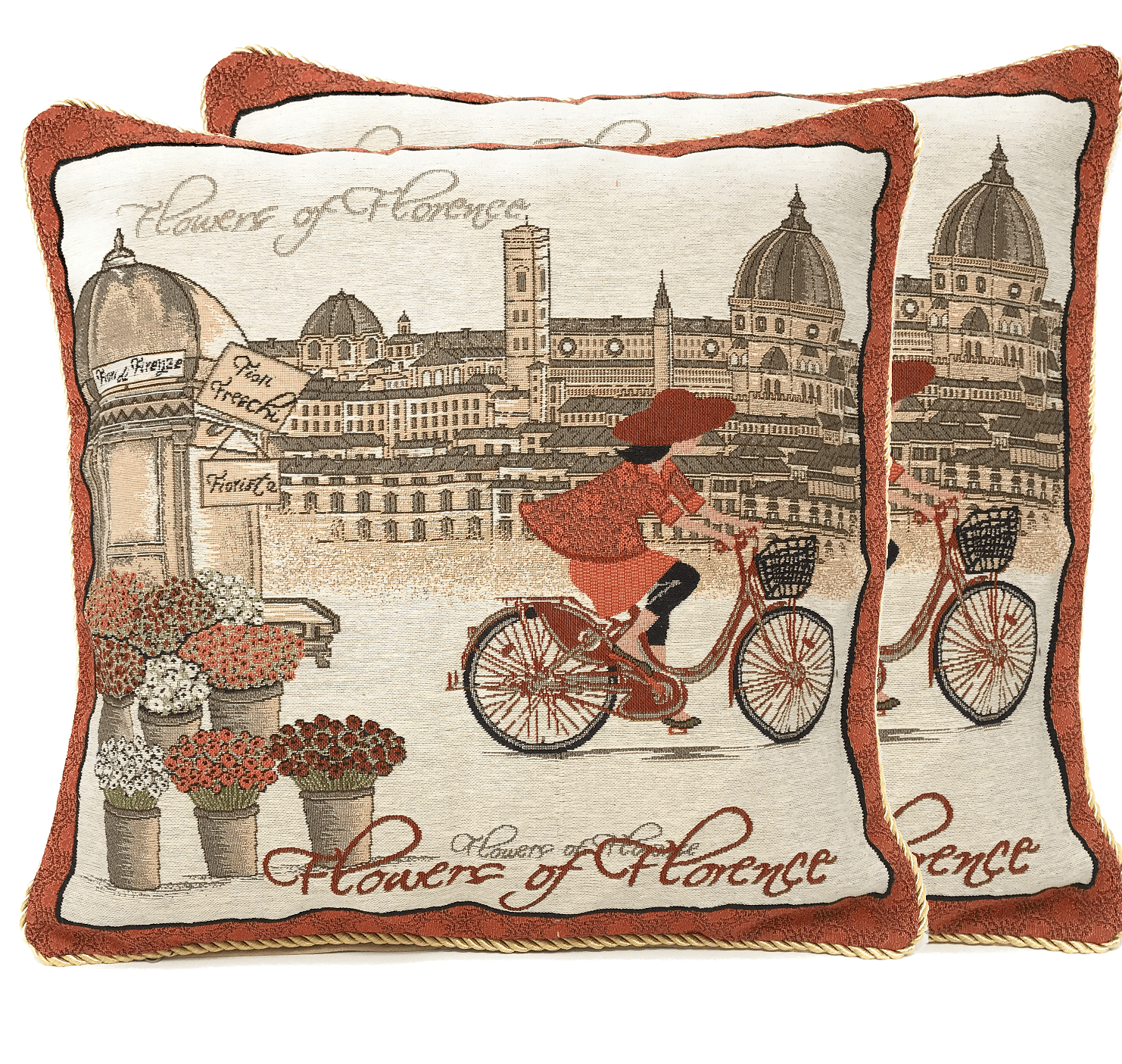 Tache Flowers of Florence Italy Skyline European Postcard Woven Tapestry Throw Pillow Cover (14003)