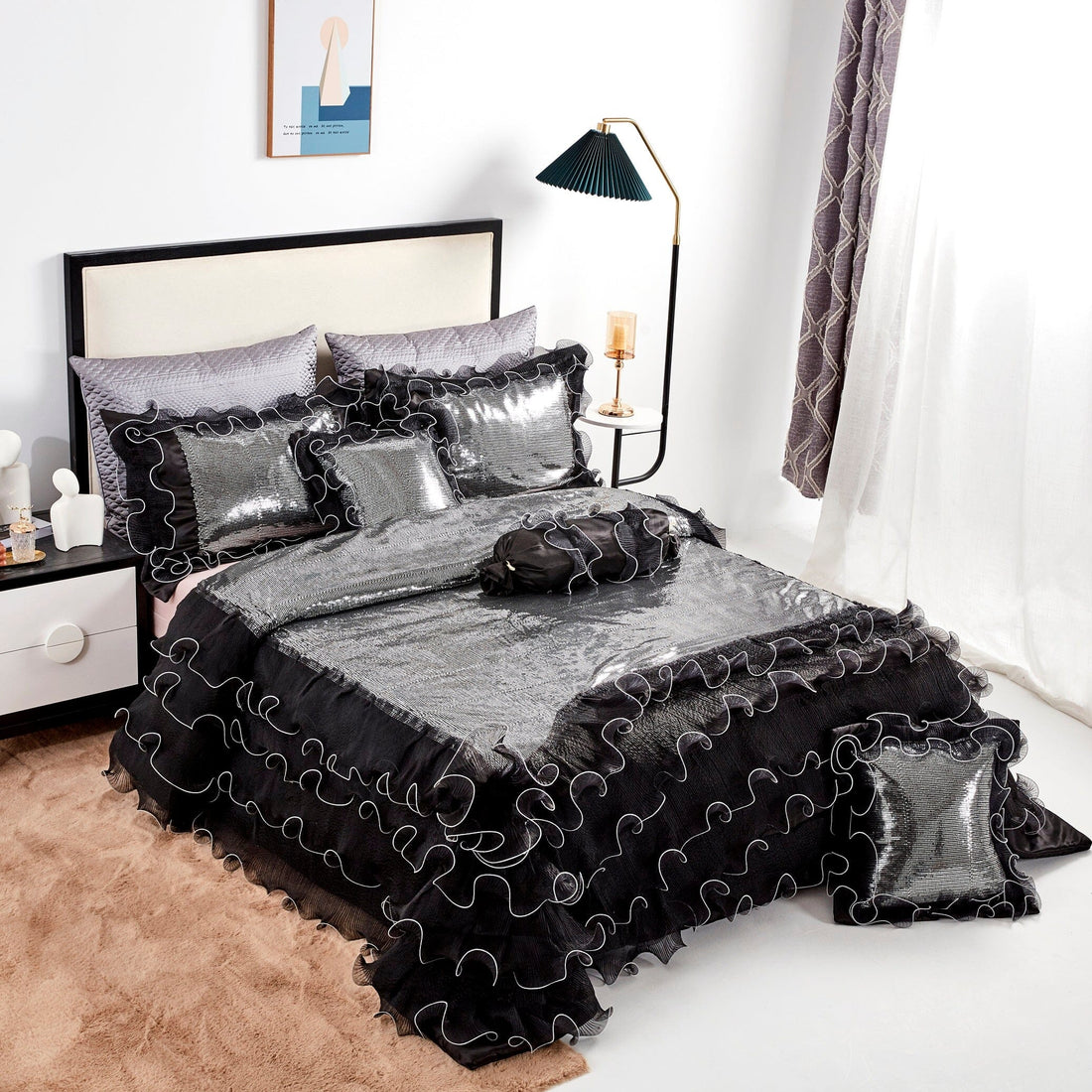 Taterbush Luxurious Glam Night Out Silver Sequin Black Organza Ruffle 6pc Comforter Set (1622)