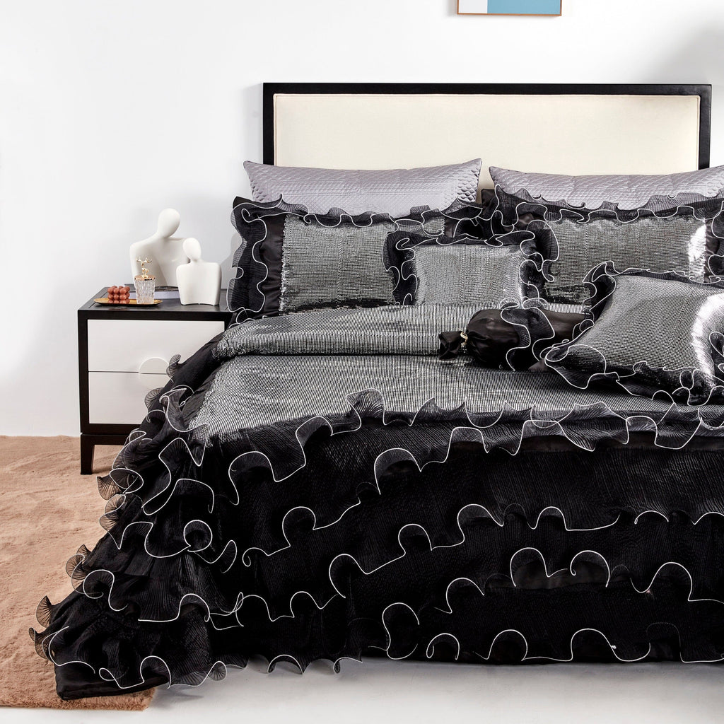 Tache Luxurious Glam Night Out Silver Sequin Black Organza Ruffle 6pc Comforter Set (1622)