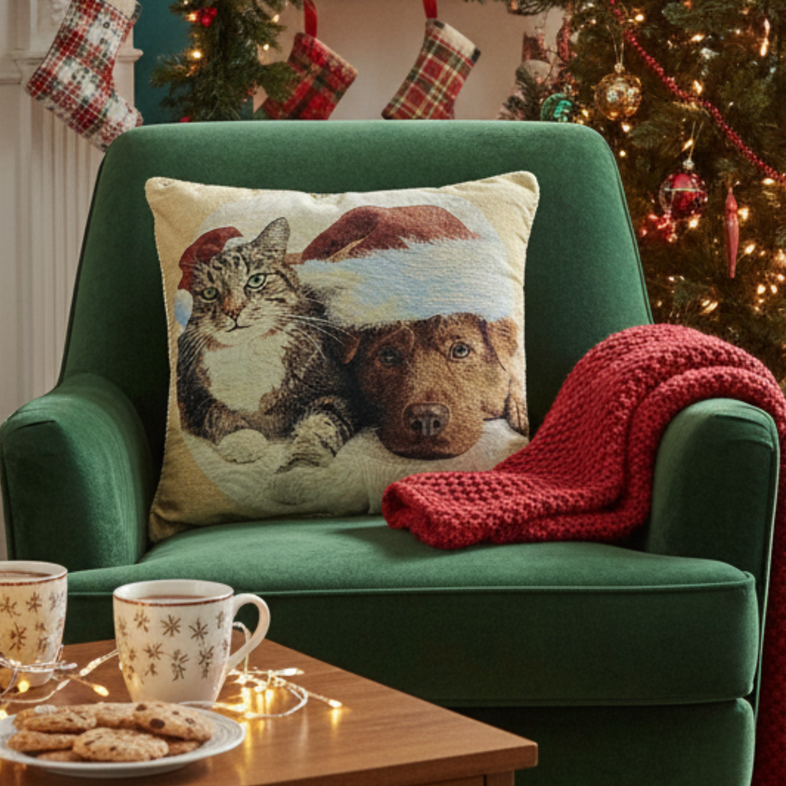 Taterbush Best Friend Pets Dog and Cat Christmas Tapestry Woven Throw Pillow Cover (16461)