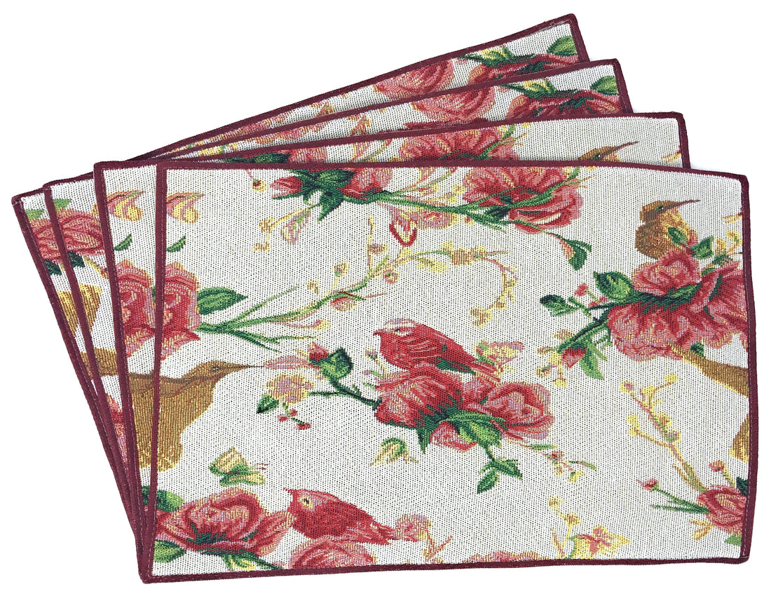 Taterbush Floral Red Roses Hummingbirds Woven Tapestry Placemat Set (18109)