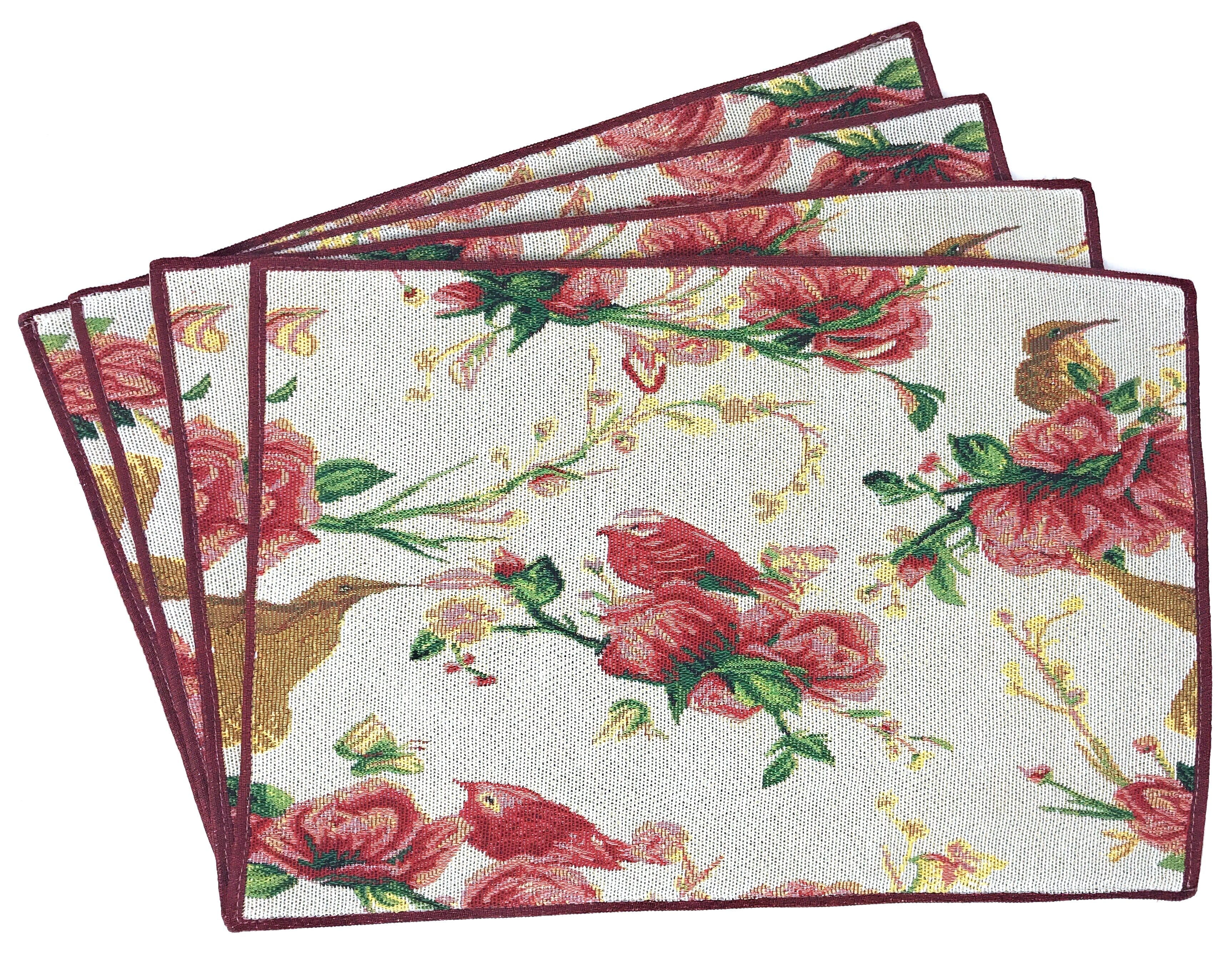 Tache Floral Red Roses Hummingbirds Woven Tapestry Placemat Set (18109)