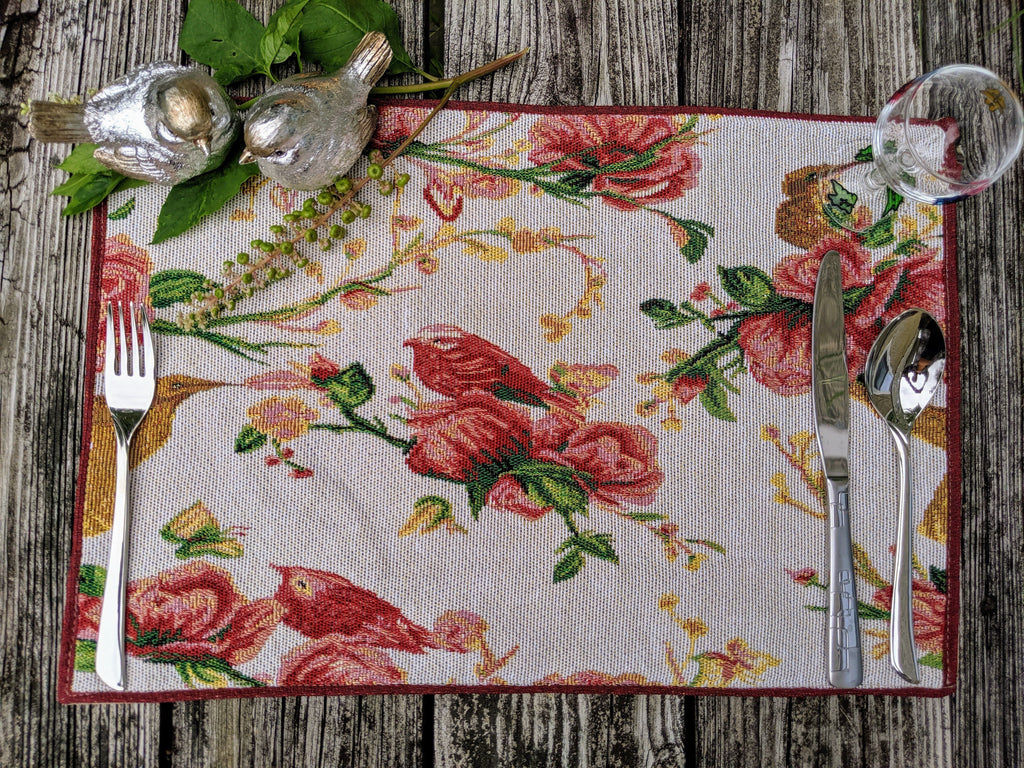 Tache Floral Red Roses Hummingbirds Woven Tapestry Placemat Set (18109)