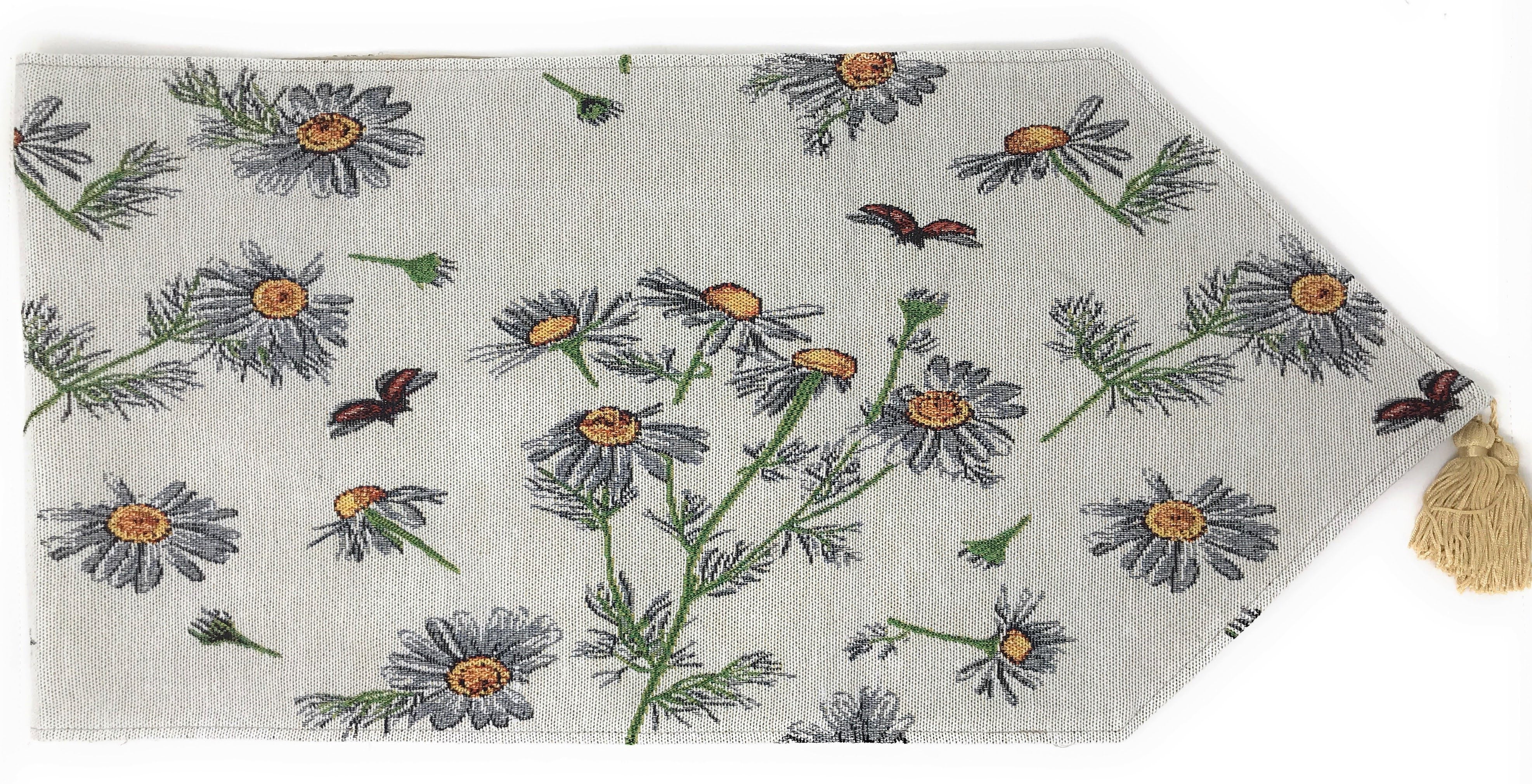 Tache Floral Yellow Daisies Ladybugs Ivory Woven Tapestry Table Runner (18114)