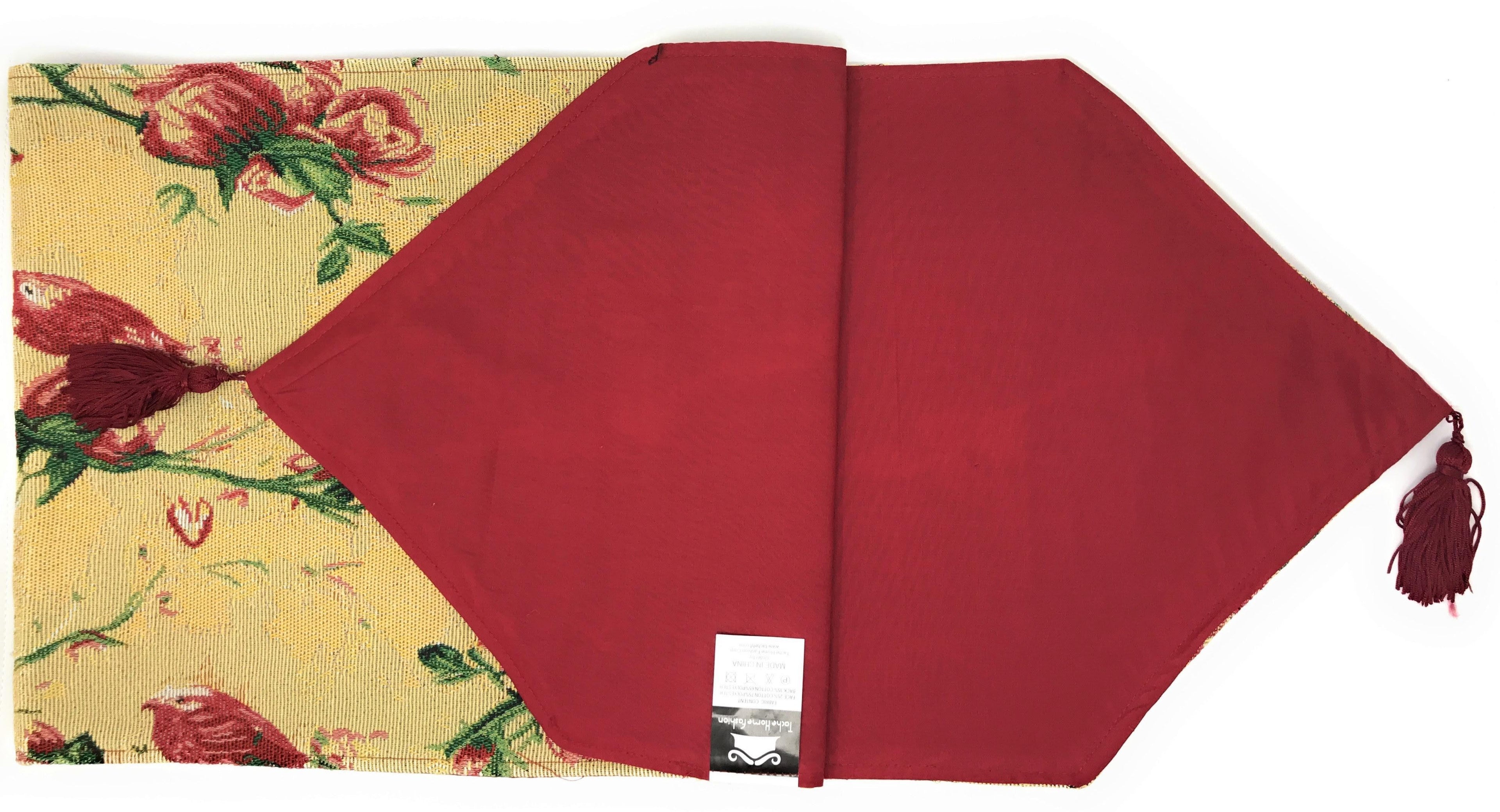 Tache Floral Red Roses Hummingbirds Golden Woven Tapestry Table Runner (18115)