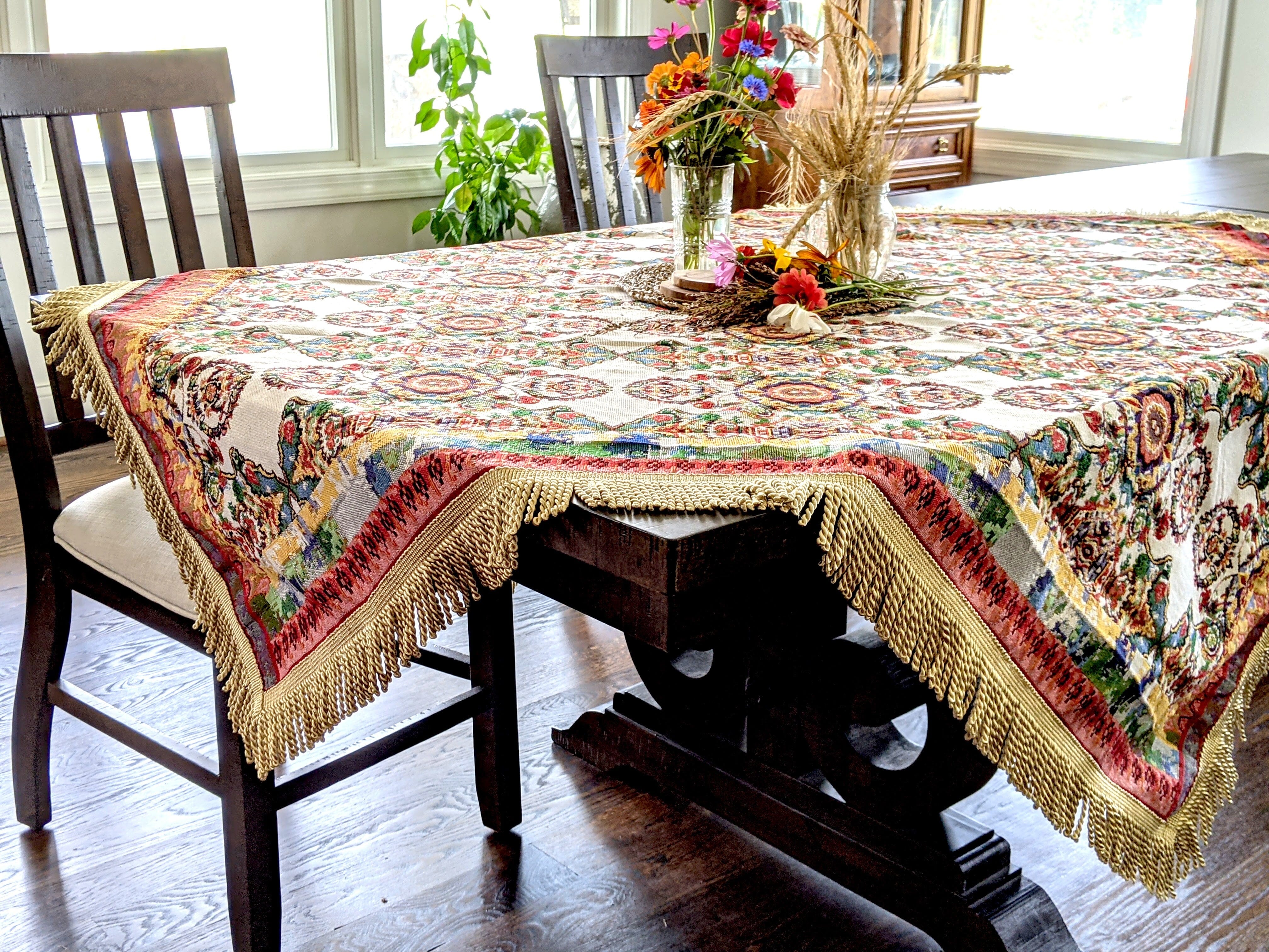 Taterbush Elegant Ivory Colorful Ornate Paisley Woven Tapestry Tablecloth (18193)