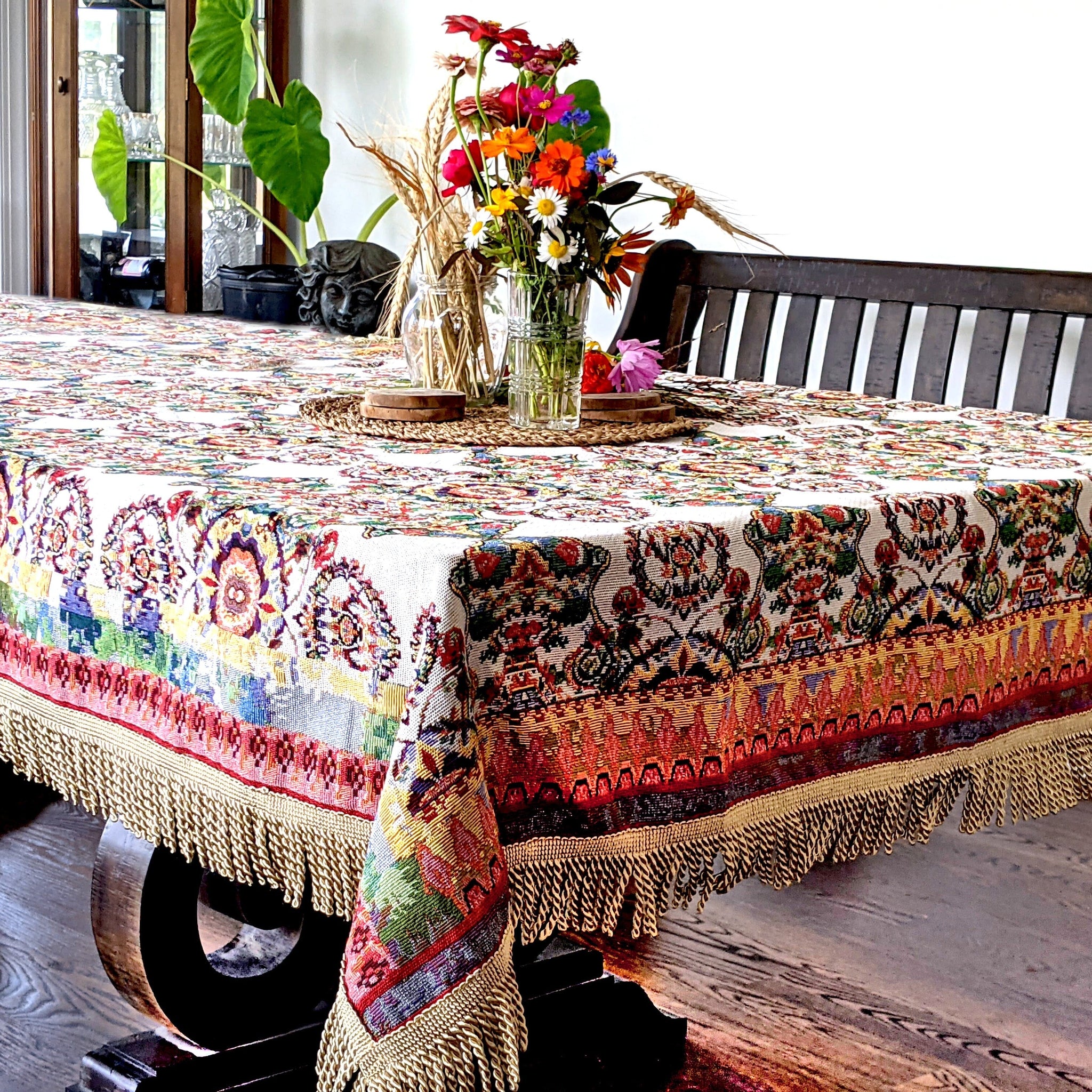 Taterbush Elegant Ivory Colorful Ornate Paisley Woven Tapestry Tablecloth (18193)