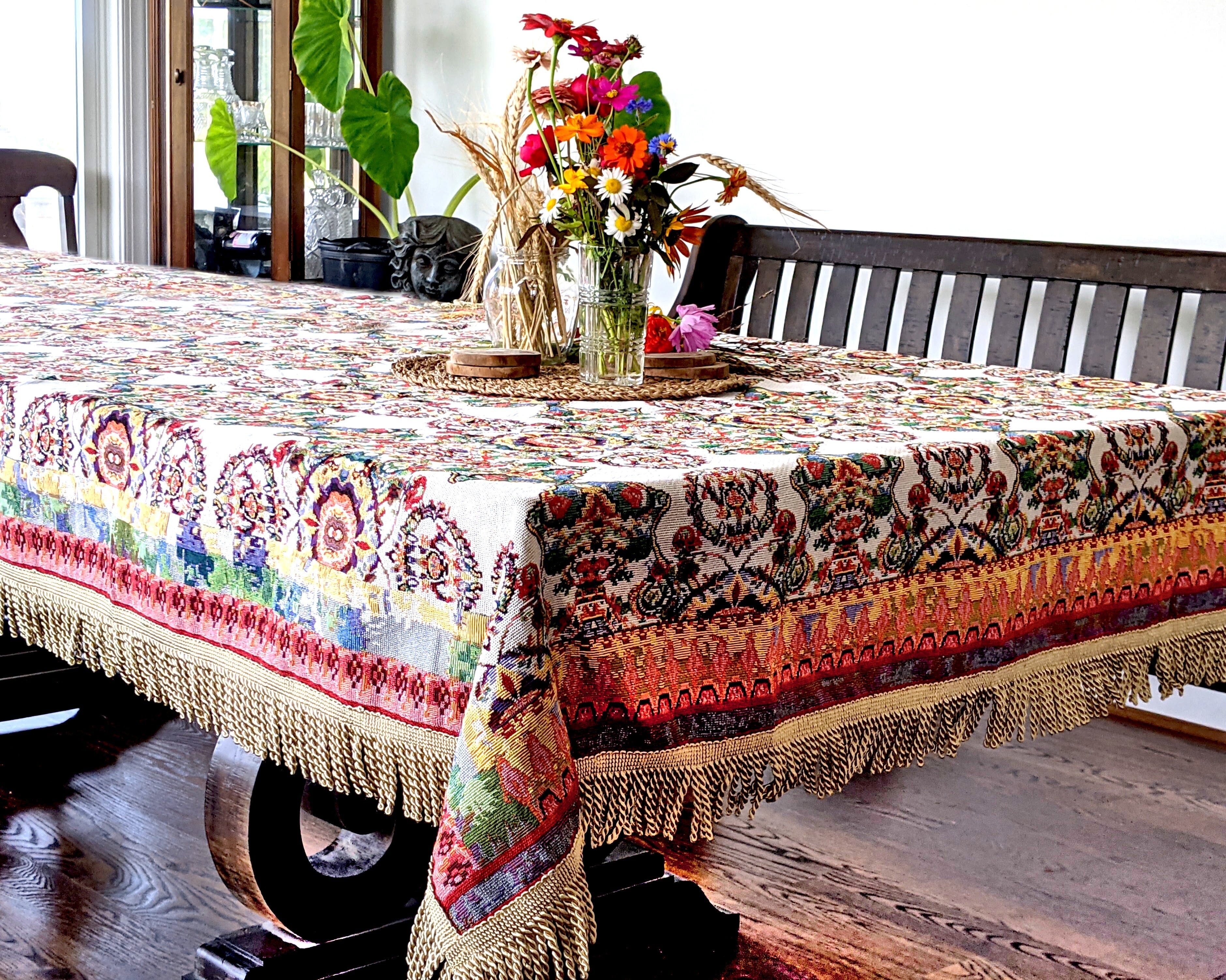 Tache Elegant Ivory Colorful Ornate Paisley Woven Tapestry Tablecloth (18193)