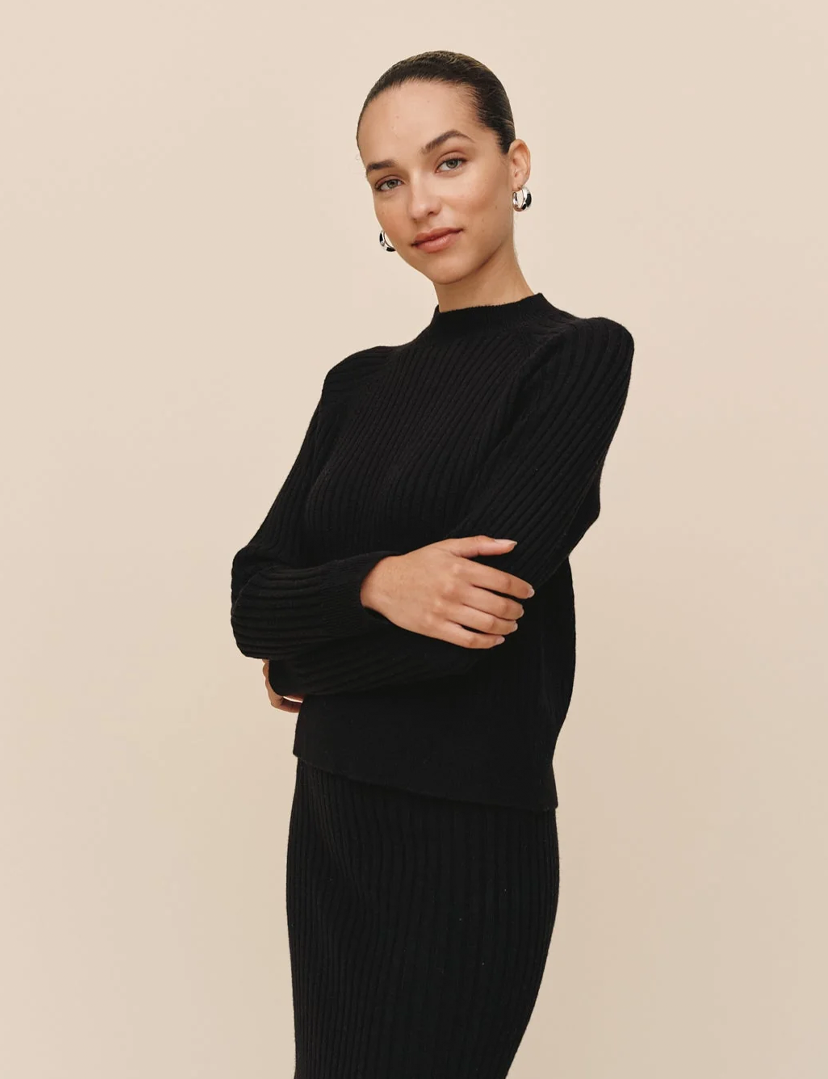Raglan Ribbed Sweater, Black