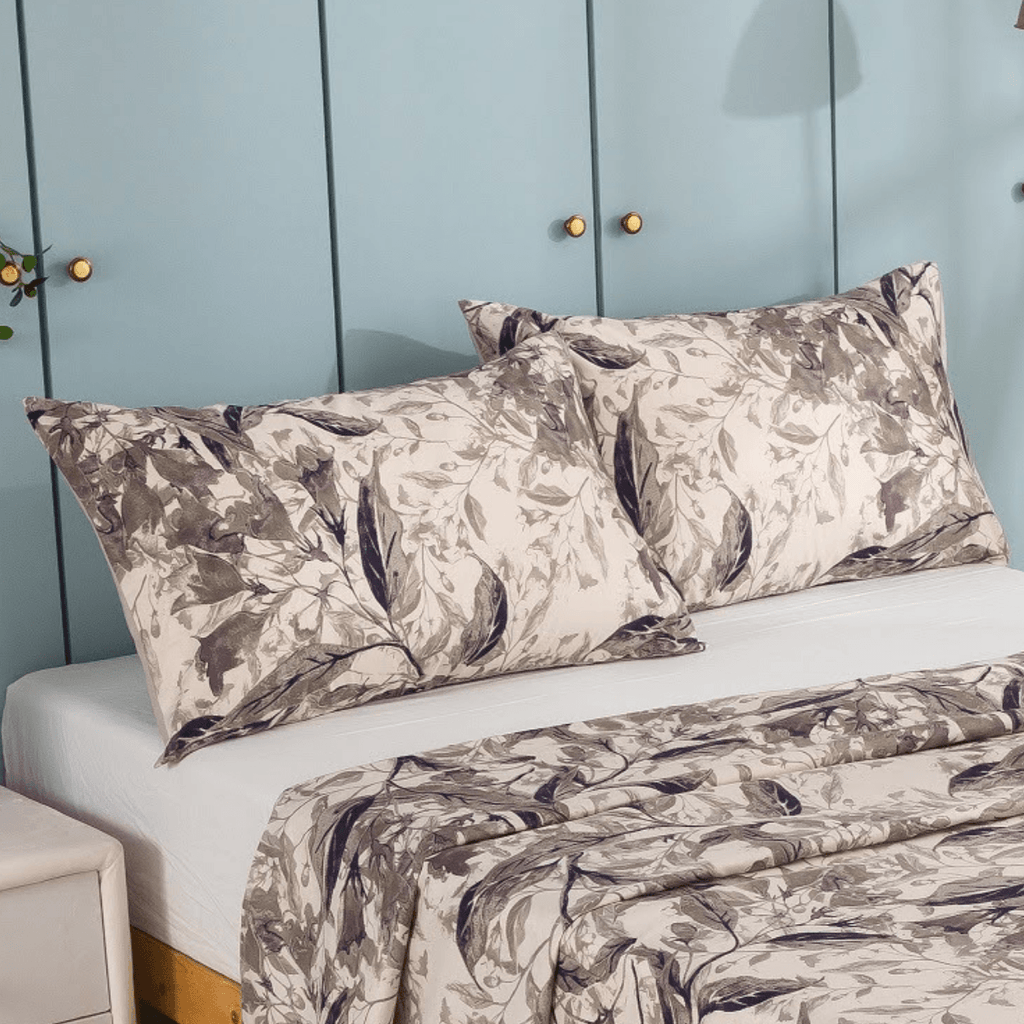 Tache Microfiber Abstract Wispy Leaf Taupe Grey Fitted Sheet / Flat Sheet (JHW-843)