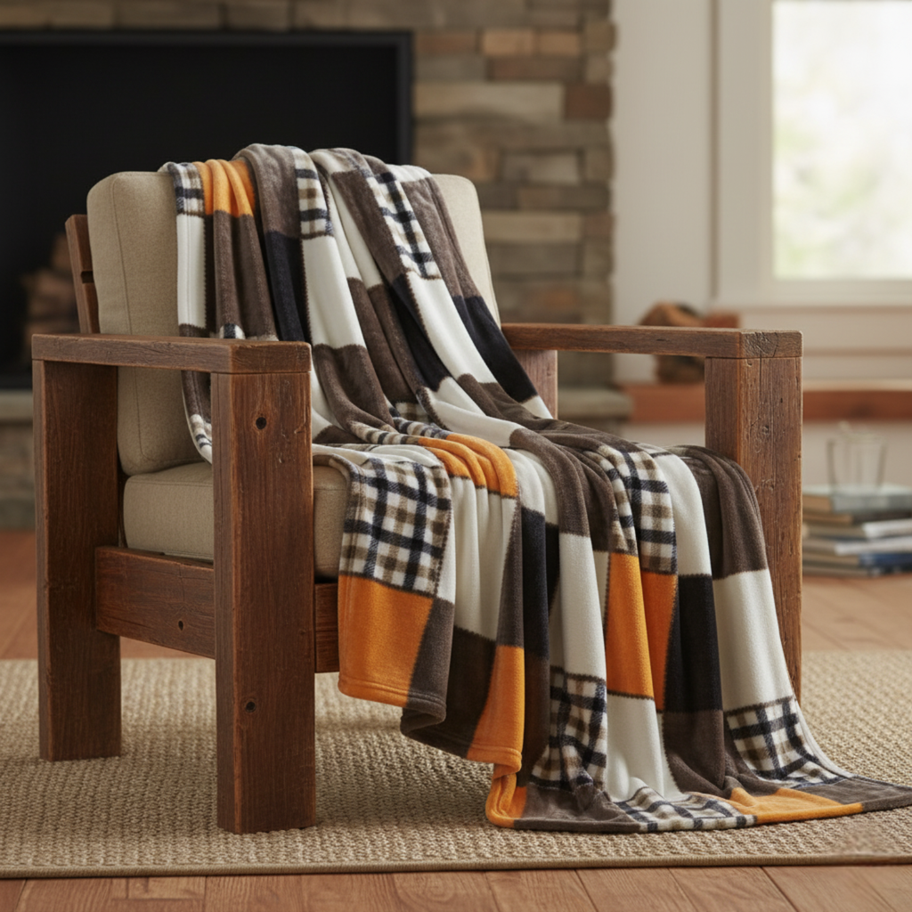 Tache Fall Orange Farmhouse Super Soft Micro Fleece Plaid Patchwork Plush Lightweight Bed Throw Blanket (4021)
