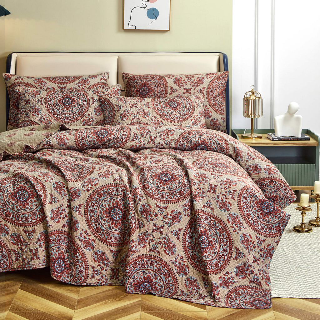 Tache Bohemian Desert Medallion Boteh Paisley Orange Blue Taupe Quilt Set (TJ3502)