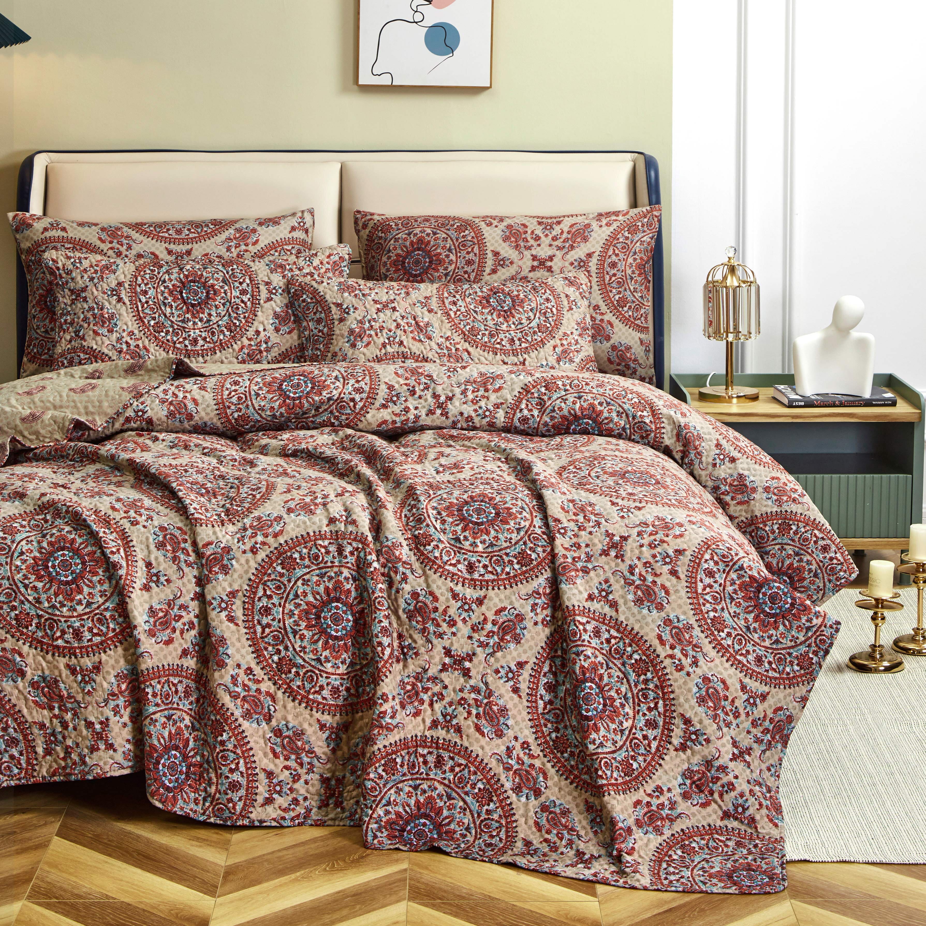 Tache Bohemian Desert Medallion Boteh Paisley Orange Blue Taupe Quilt Set (TJ3502)
