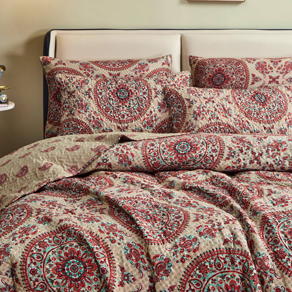 Tache Bohemian Desert Medallion Boteh Paisley Orange Blue Taupe Quilt Set (TJ3502)