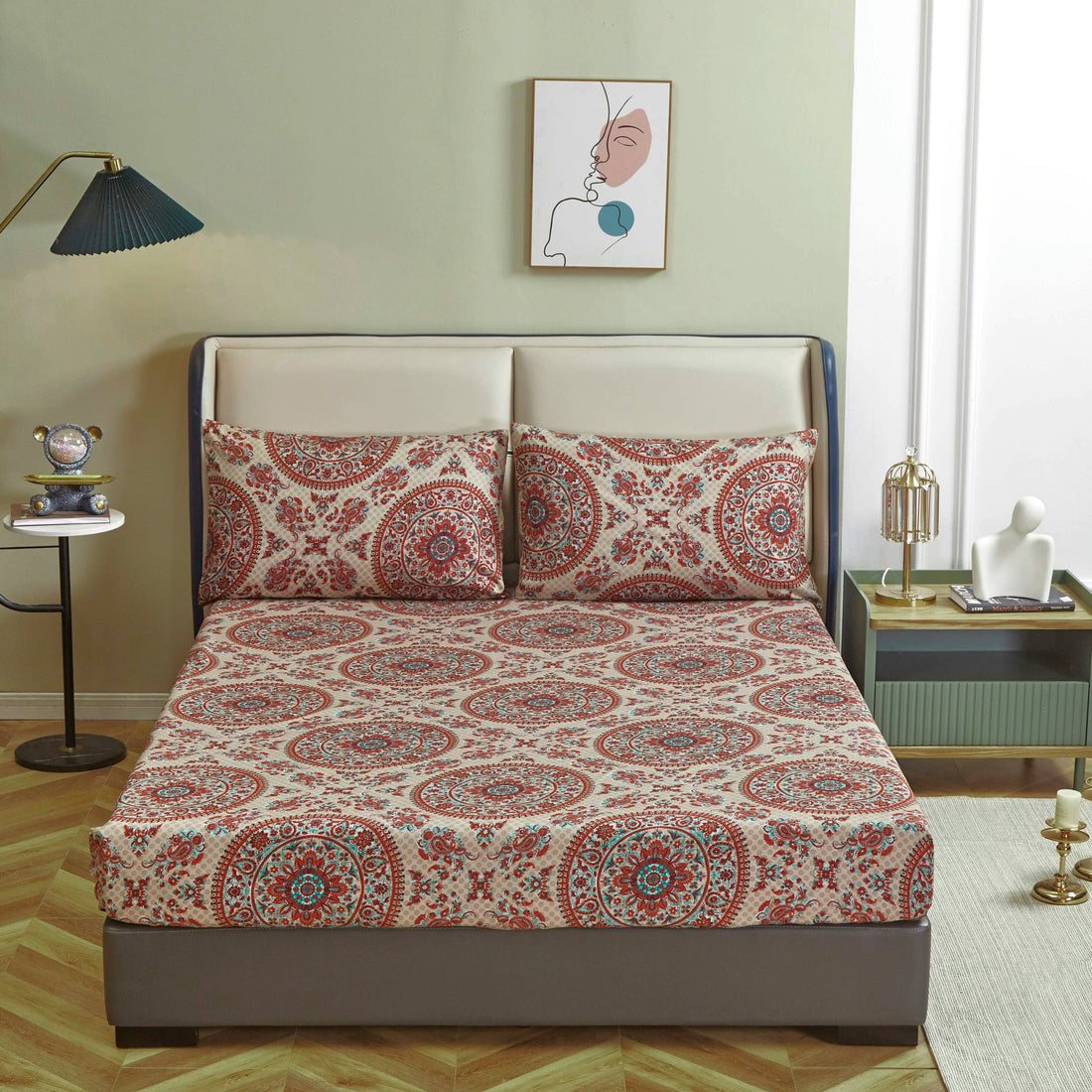 Taterbush Bohemian Desert Medallion Boteh Paisley Taupe Fitted Sheet / Flat Sheet (TJ3502)