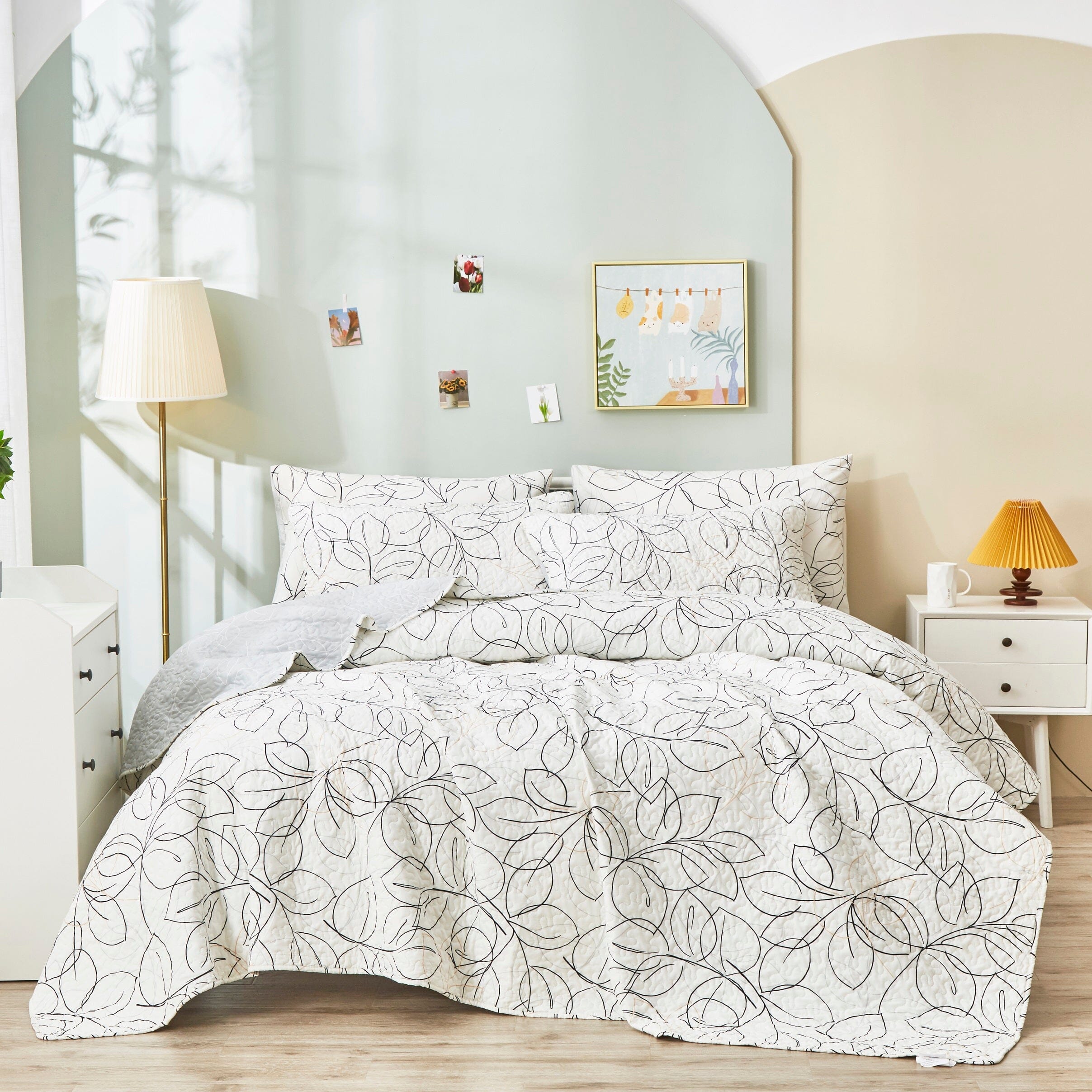 Tache Modern Abstract Leaf Line Art Foliage White Grey Black Gold Reversible Quilt Set (TJ3571-Q)