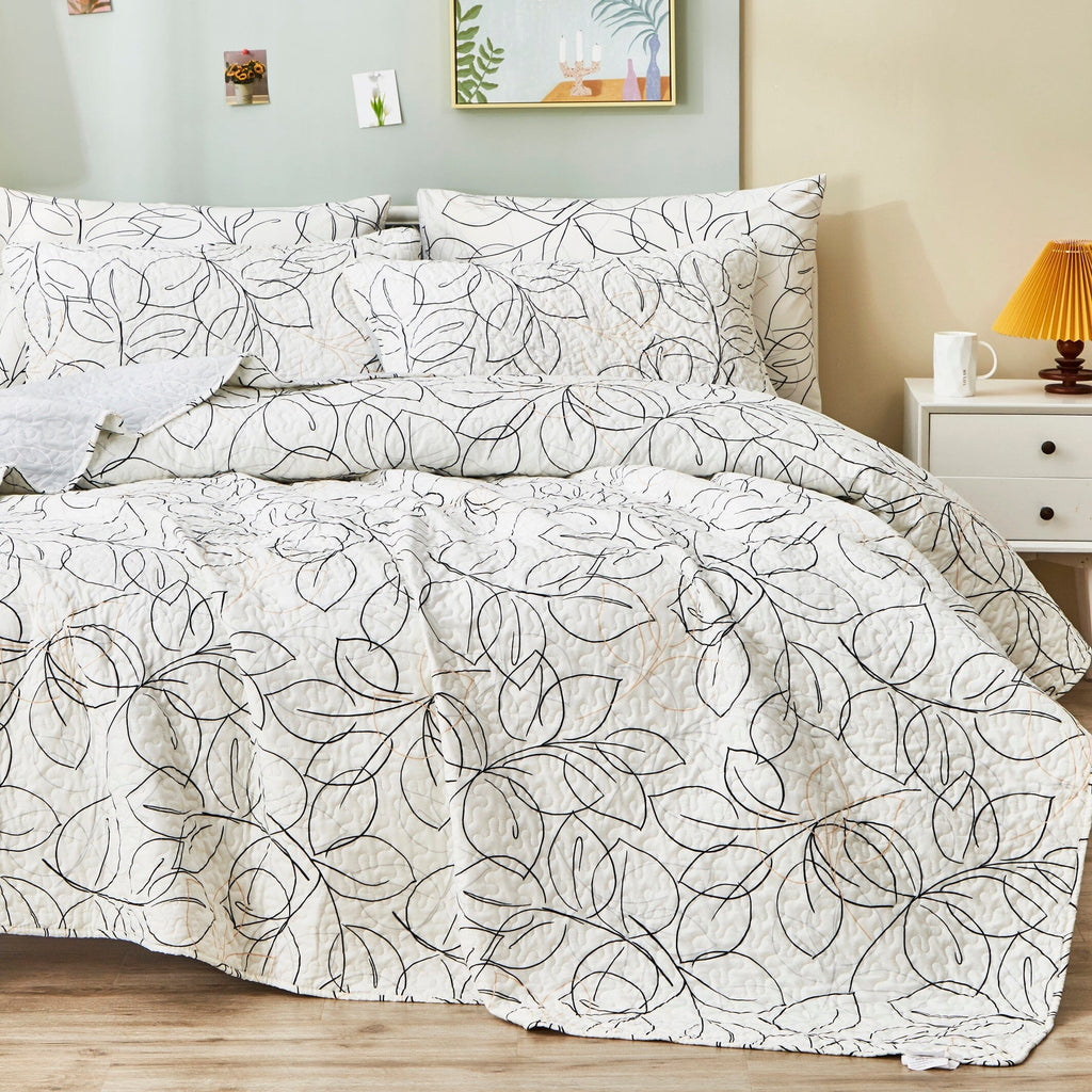Tache Modern Abstract Leaf Line Art Foliage White Grey Black Gold Reversible Quilt Set (TJ3571-Q)
