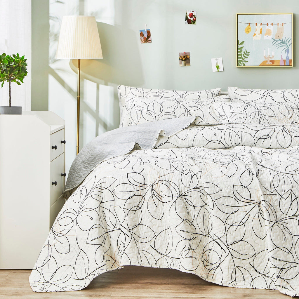 Tache Modern Abstract Leaf Line Art Foliage White Grey Black Gold Reversible Quilt Set (TJ3571-Q)