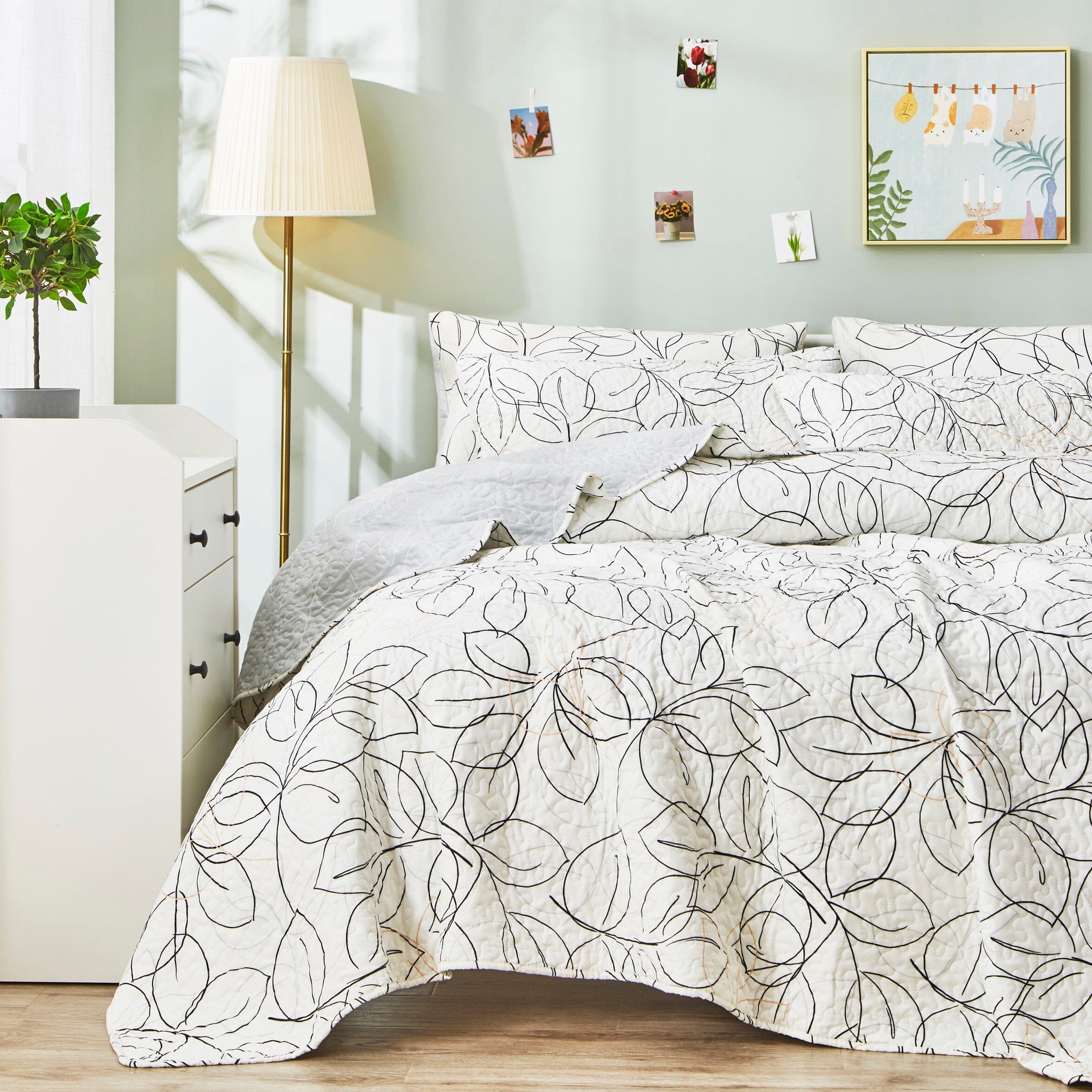 Tache Modern Abstract Leaf Line Art Foliage White Grey Black Gold Reversible Quilt Set (TJ3571-Q)