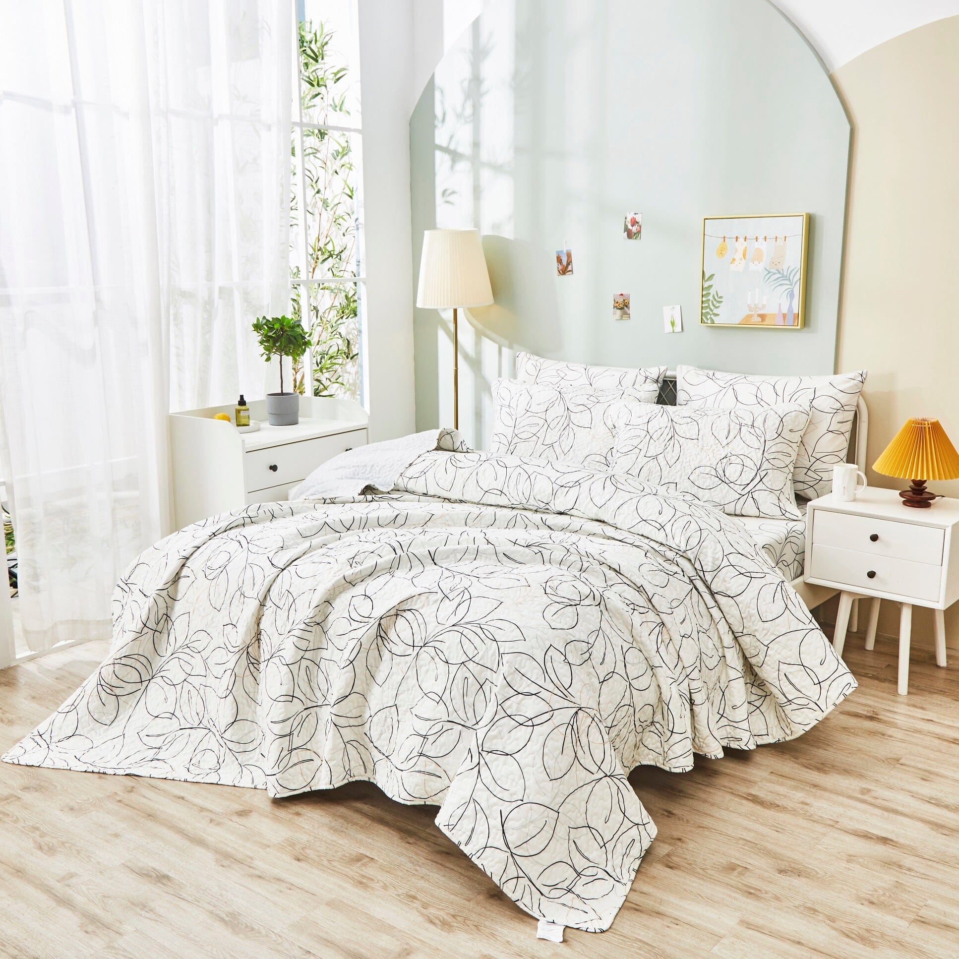 Tache Modern Abstract Leaf Line Art Foliage White Grey Black Gold Reversible Quilt Set (TJ3571-Q)