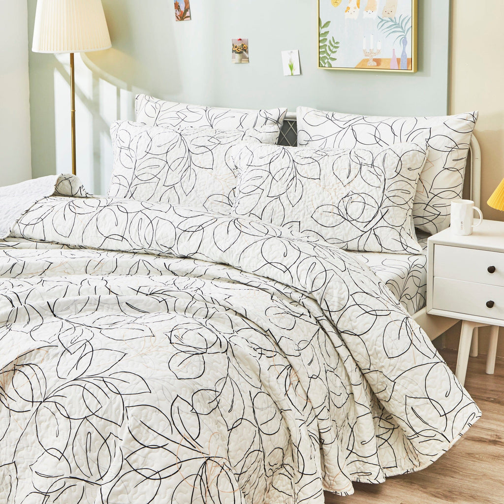 Tache Modern Abstract Leaf Line Art Foliage White Grey Black Gold Reversible Quilt Set (TJ3571-Q)