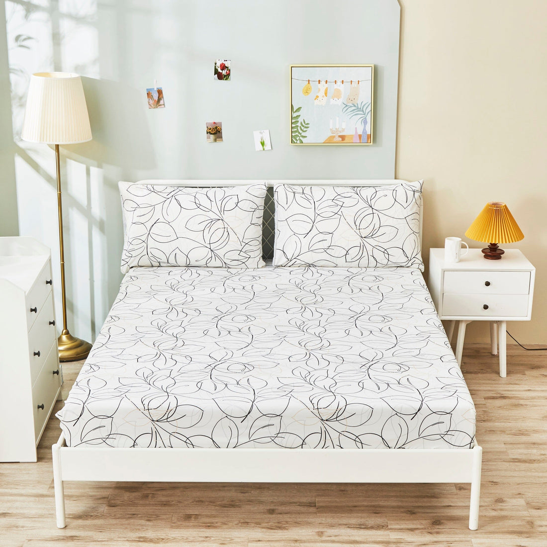 Taterbush Modern Abstract Leaf Line Art Foliage White Grey Black Gold Fitted Sheet / Flat Sheet (TJ3571)