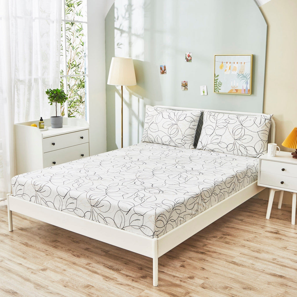 Tache Modern Abstract Leaf Line Art Foliage White Grey Black Gold Fitted Sheet / Flat Sheet (TJ3571)