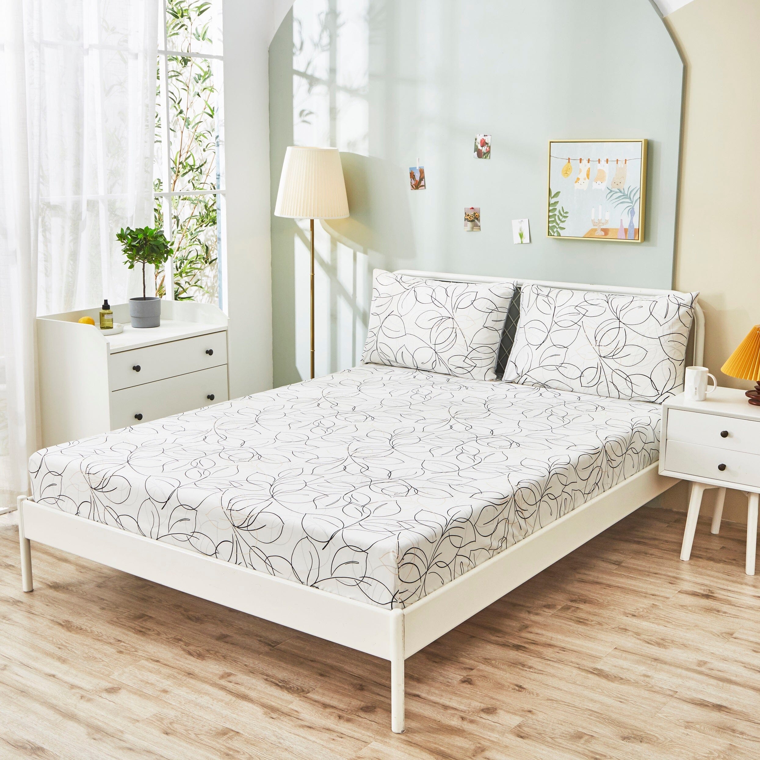 Tache Modern Abstract Leaf Line Art Foliage White Grey Black Gold Fitted Sheet / Flat Sheet (TJ3571)