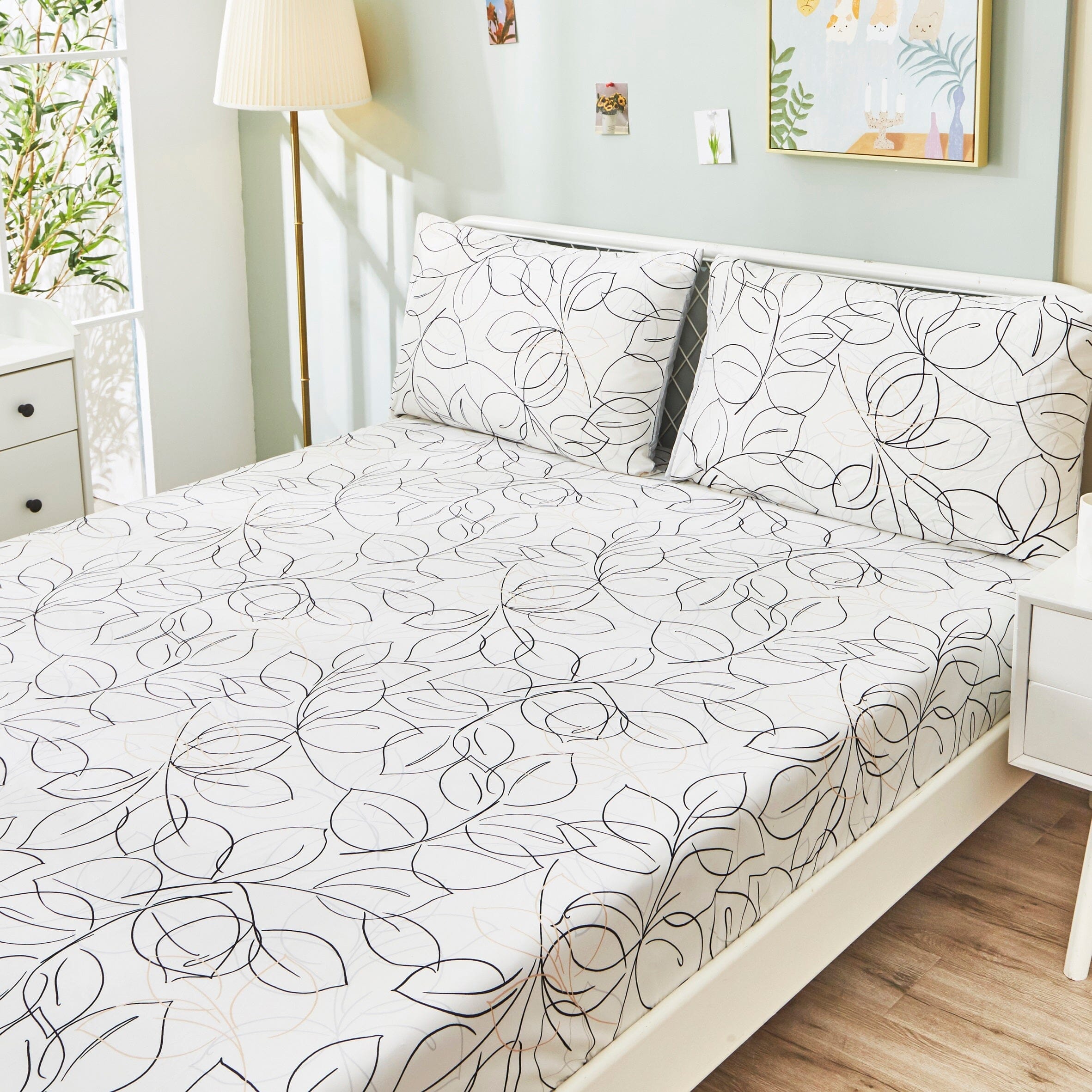 Tache Modern Abstract Leaf Line Art Foliage White Grey Black Gold Fitted Sheet / Flat Sheet (TJ3571)