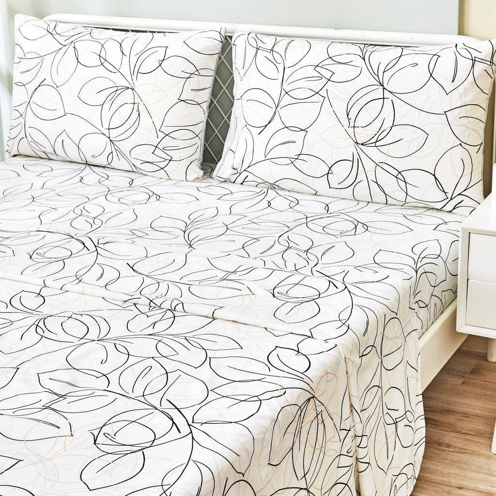Tache Modern Abstract Leaf Line Art Foliage White Grey Black Gold Fitted Sheet / Flat Sheet (TJ3571)