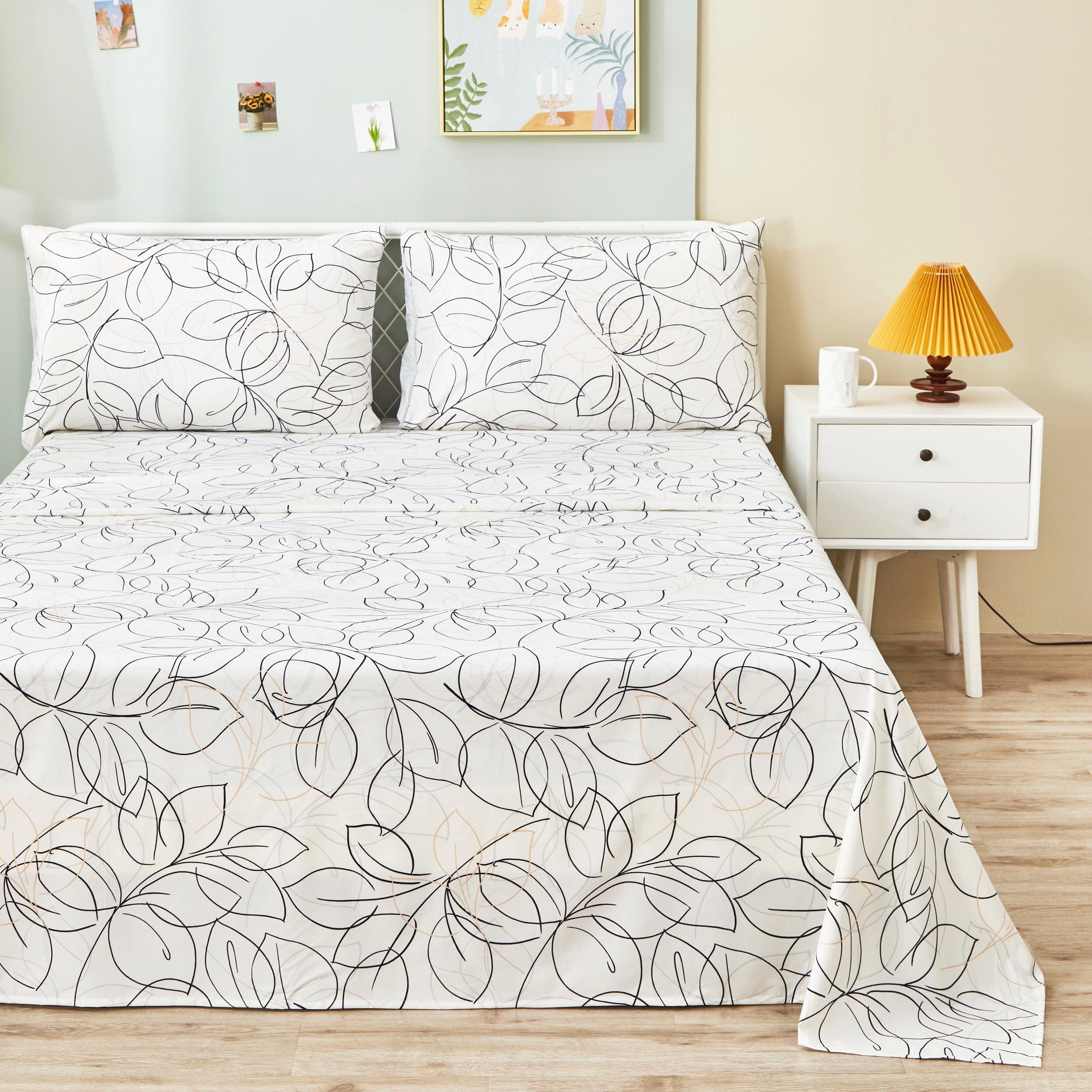 Tache Modern Abstract Leaf Line Art Foliage White Grey Black Gold Fitted Sheet / Flat Sheet (TJ3571)