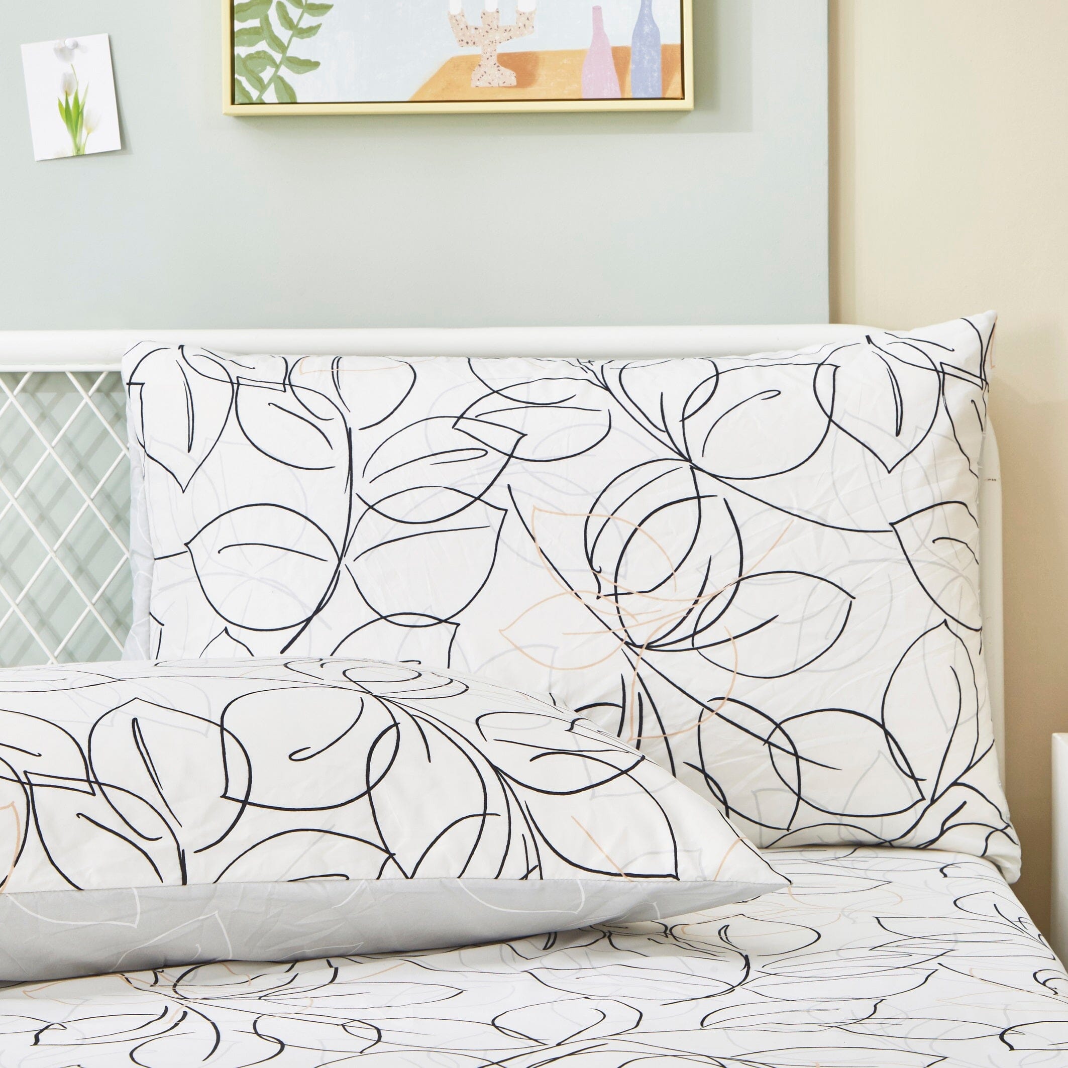 Tache Modern Abstract Leaf Line Art Foliage White Grey Black Gold Fitted Sheet / Flat Sheet (TJ3571)