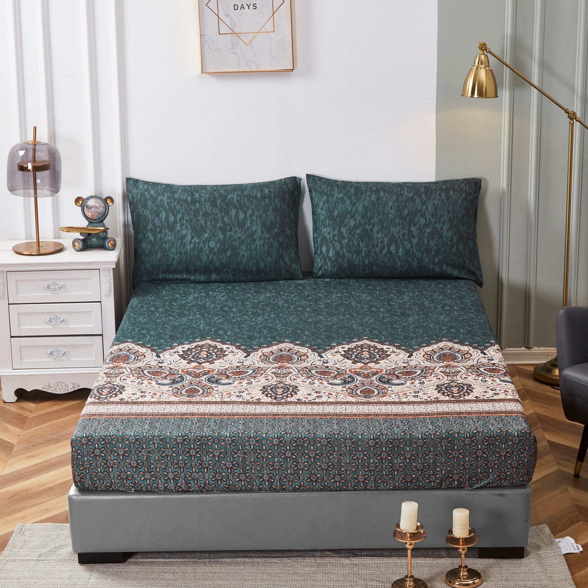 Tache Rustic Paisley Mandala Palace Floral Watercolor Dark Teal Fitted Sheet / Flat Sheet (KF174)