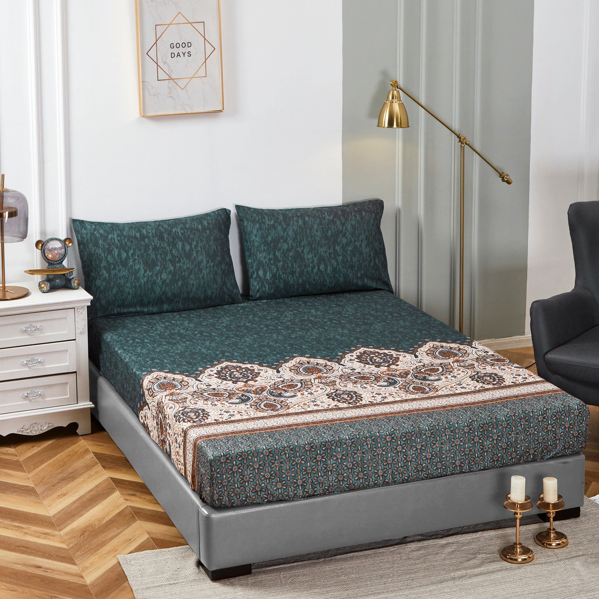 Tache Rustic Paisley Mandala Palace Floral Watercolor Dark Teal Fitted Sheet / Flat Sheet (KF174)