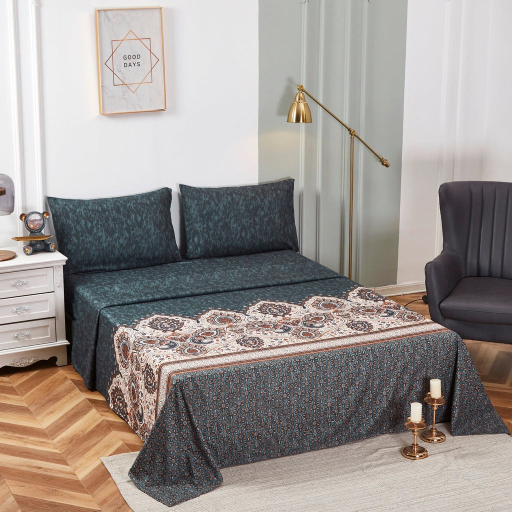 Tache Rustic Paisley Mandala Palace Floral Watercolor Dark Teal Fitted Sheet / Flat Sheet (KF174)