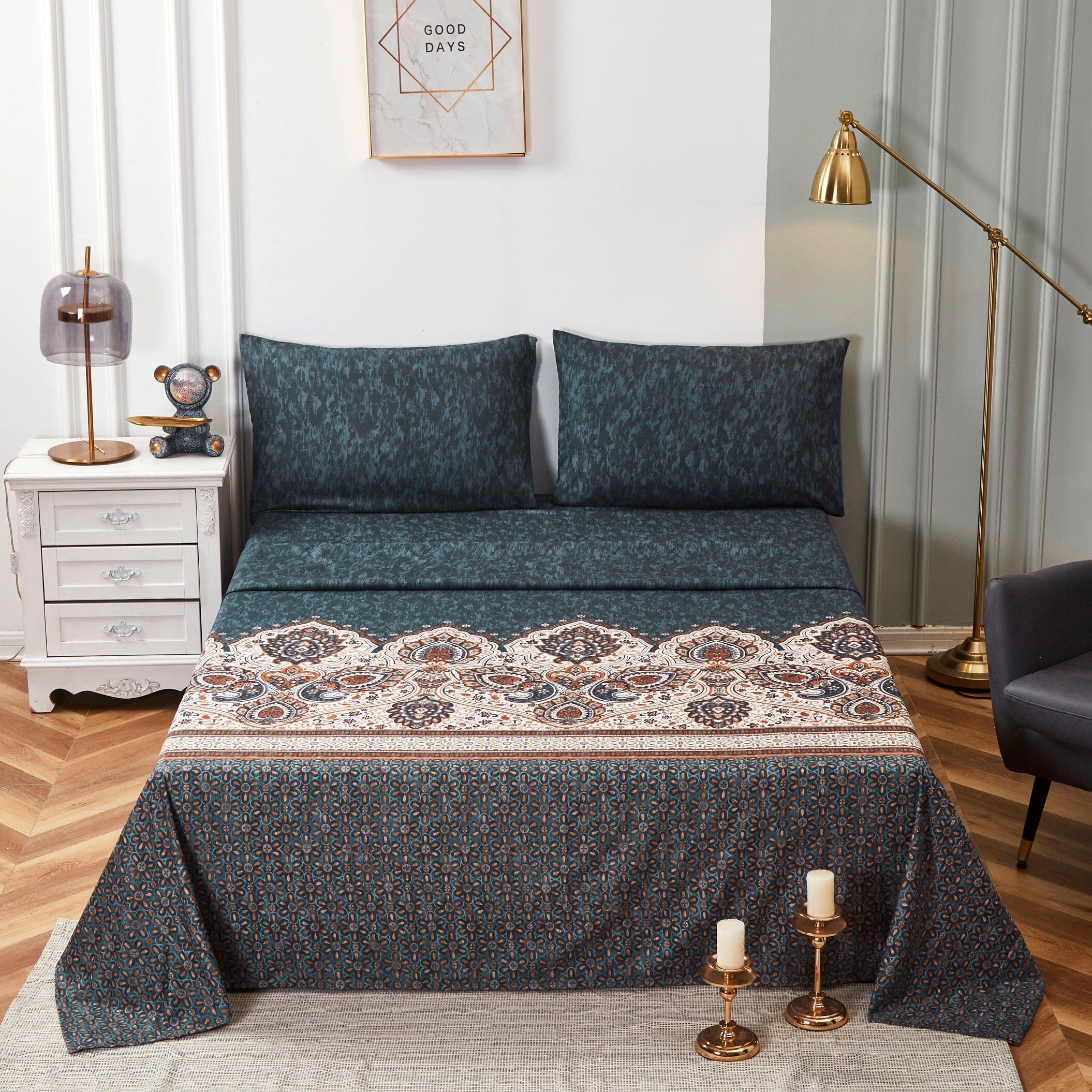 Tache Rustic Paisley Mandala Palace Floral Watercolor Dark Teal Fitted Sheet / Flat Sheet (KF174)