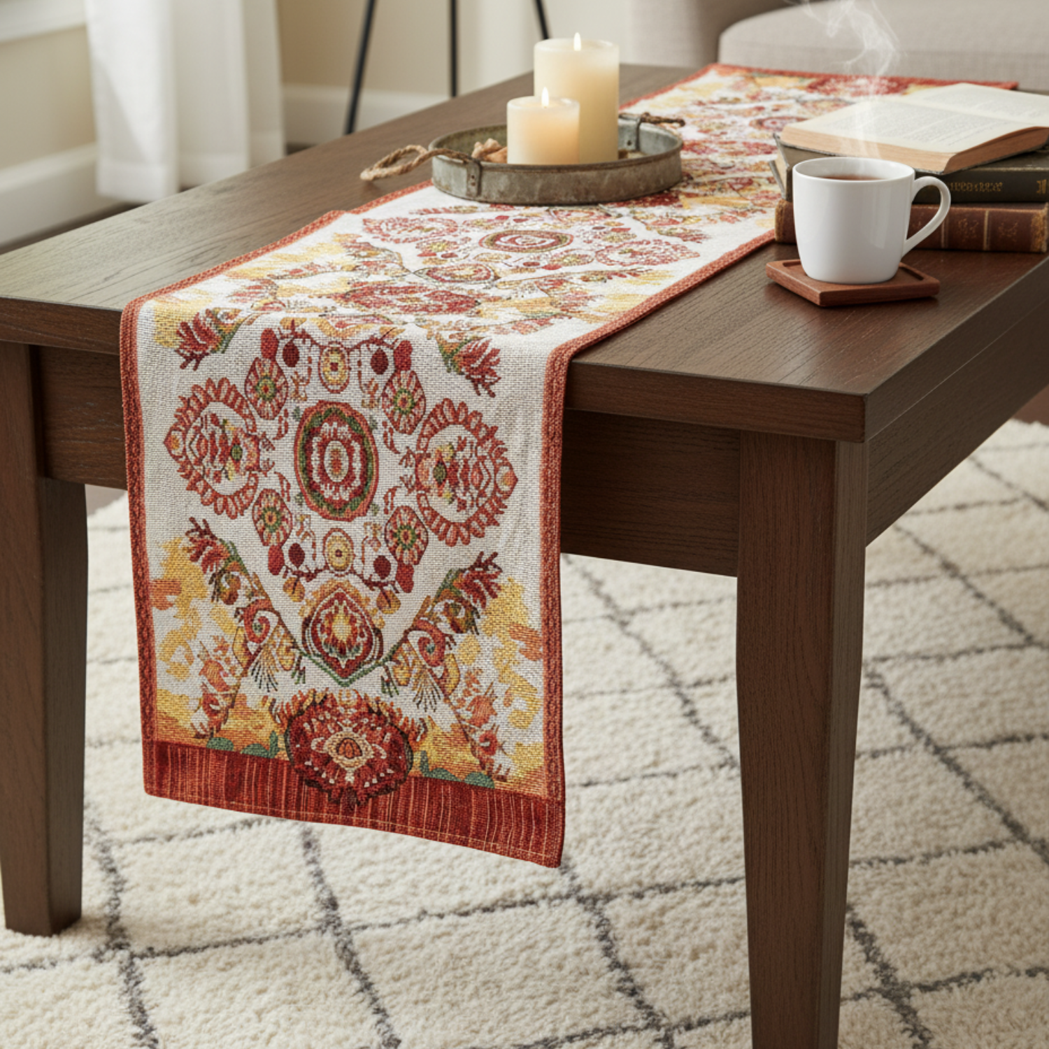 Tache Elegant Burgundy Ornate Paisley Woven Tapestry Table Runner (18194)