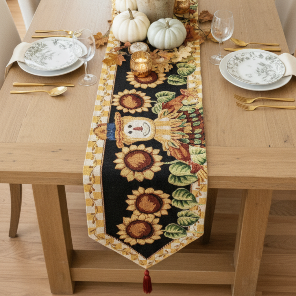 Tache Sunflower Field Scarecrow Autumn Harvest Woven Tapestry Table Runners (11712TR)