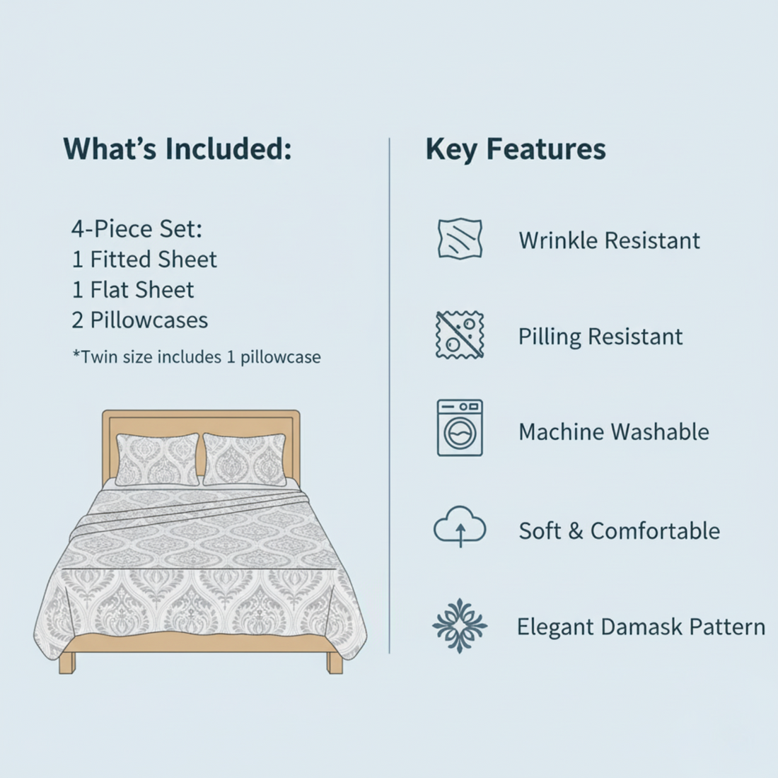 Taterbush Dreamy Moon Sky Ogee Damask Heather Gray White Bed Sheet Set (TB300)