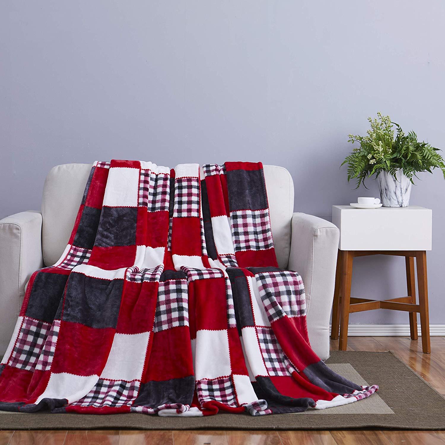 Tache Holiday Red Farmhouse Plaid Patchwork Flannel Throw Blanket (4025)