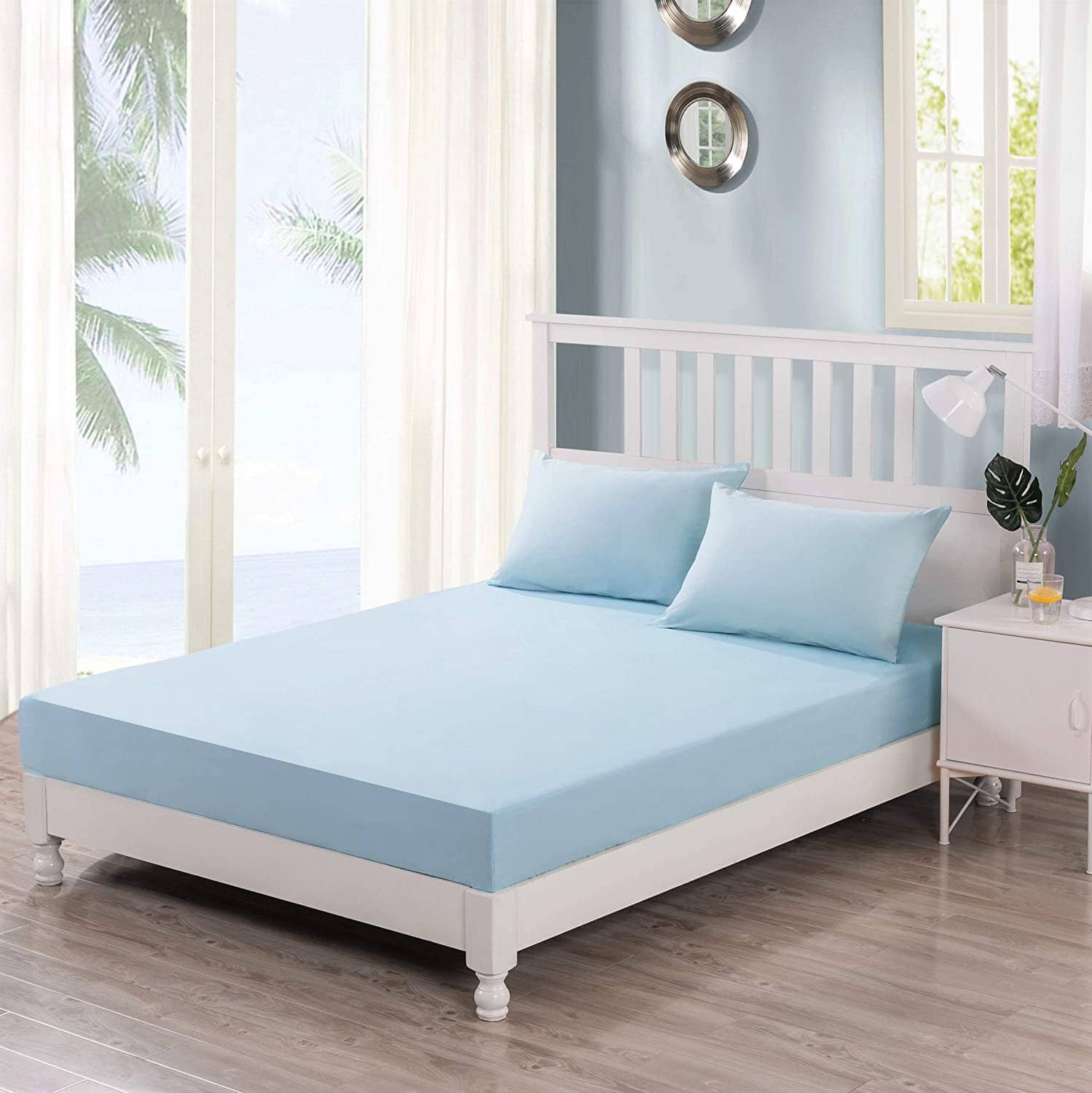 DaDa Bedding Cotton Soothing Light Sky Blue Fitted Sheet (JHW-604)
